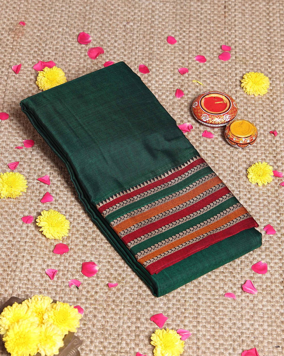 Traditional Narayanpet Cotton Saree Classic Temple Border and Striped Pallu - Green