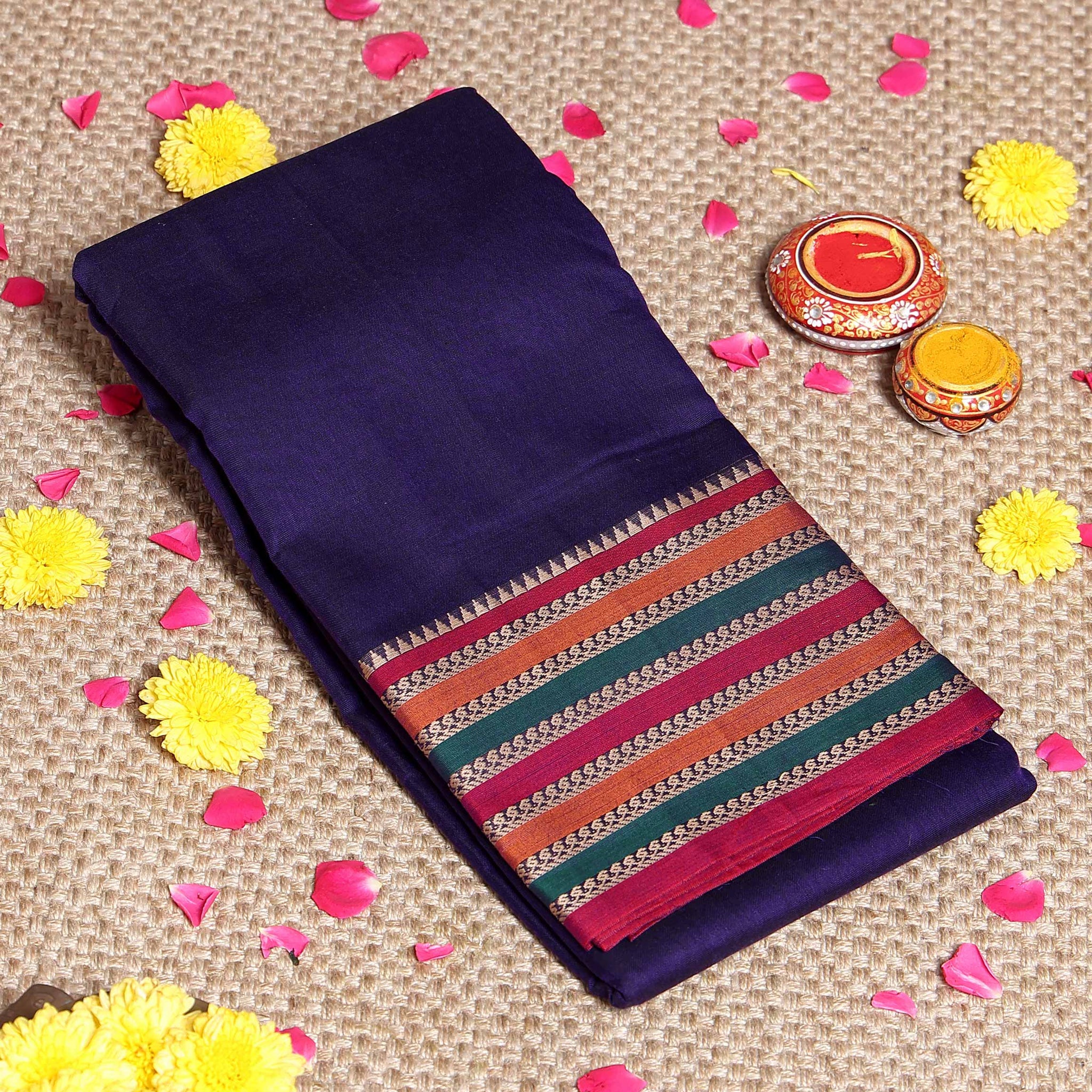 Traditional Narayanpet Cotton Saree Classic Temple Border and Striped Pallu  - Purple
