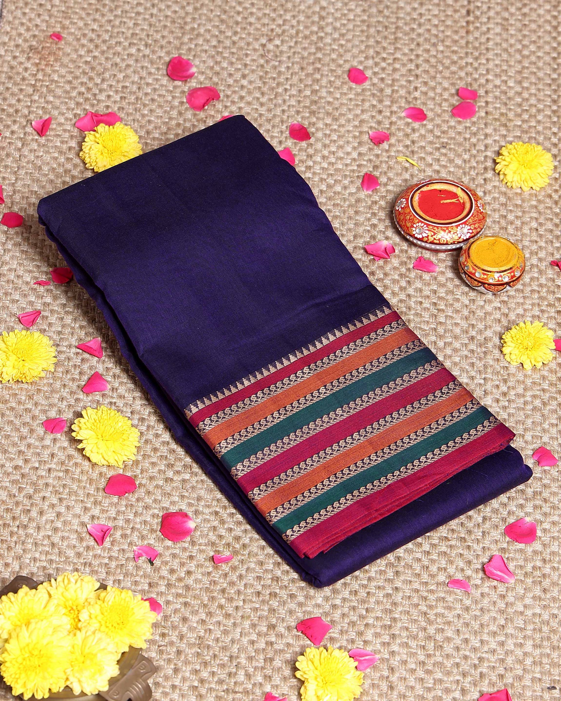 Traditional Narayanpet Cotton Saree Classic Temple Border and Striped Pallu  - Purple