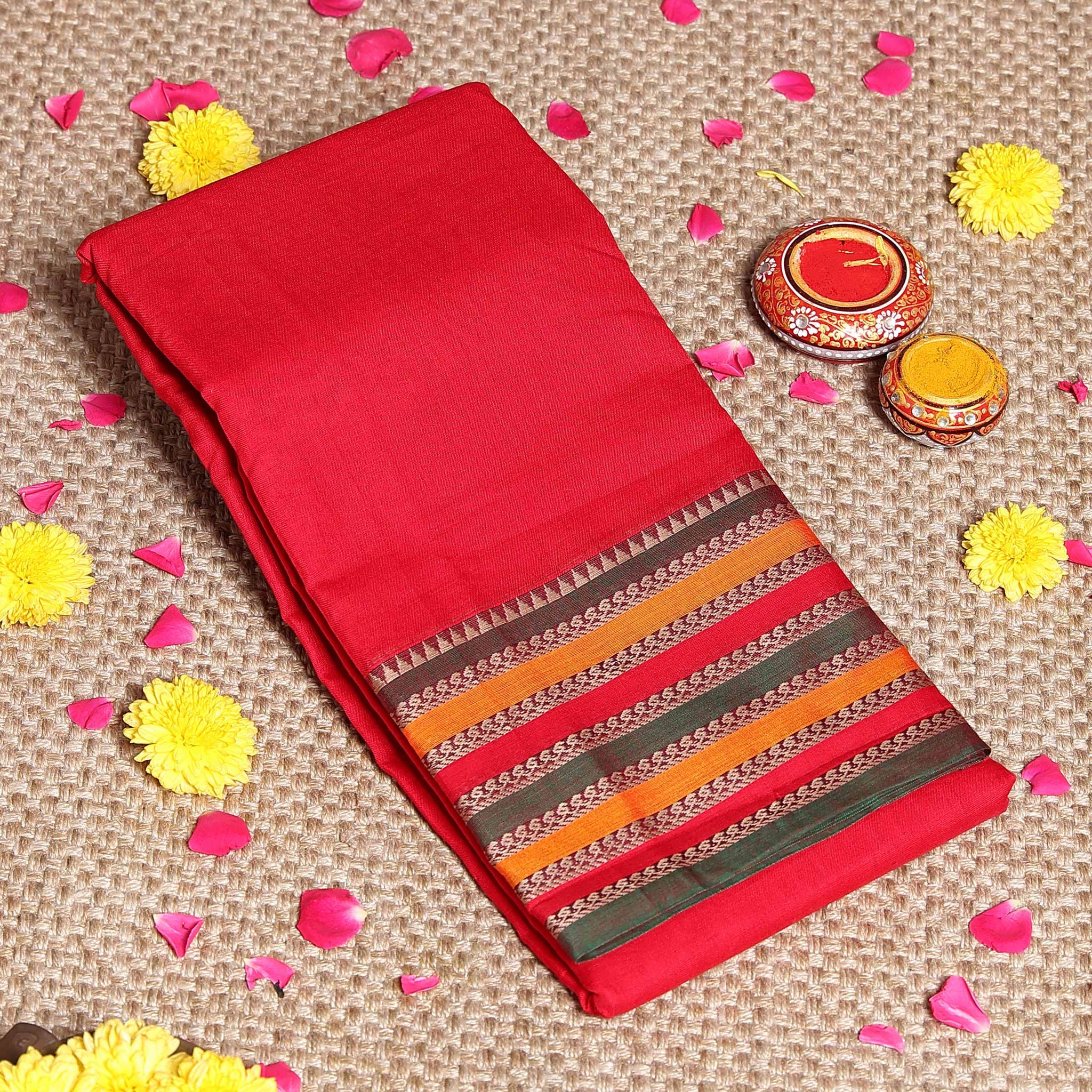 Traditional Narayanpet Cotton Saree Classic Temple Border and Striped Pallu - Red