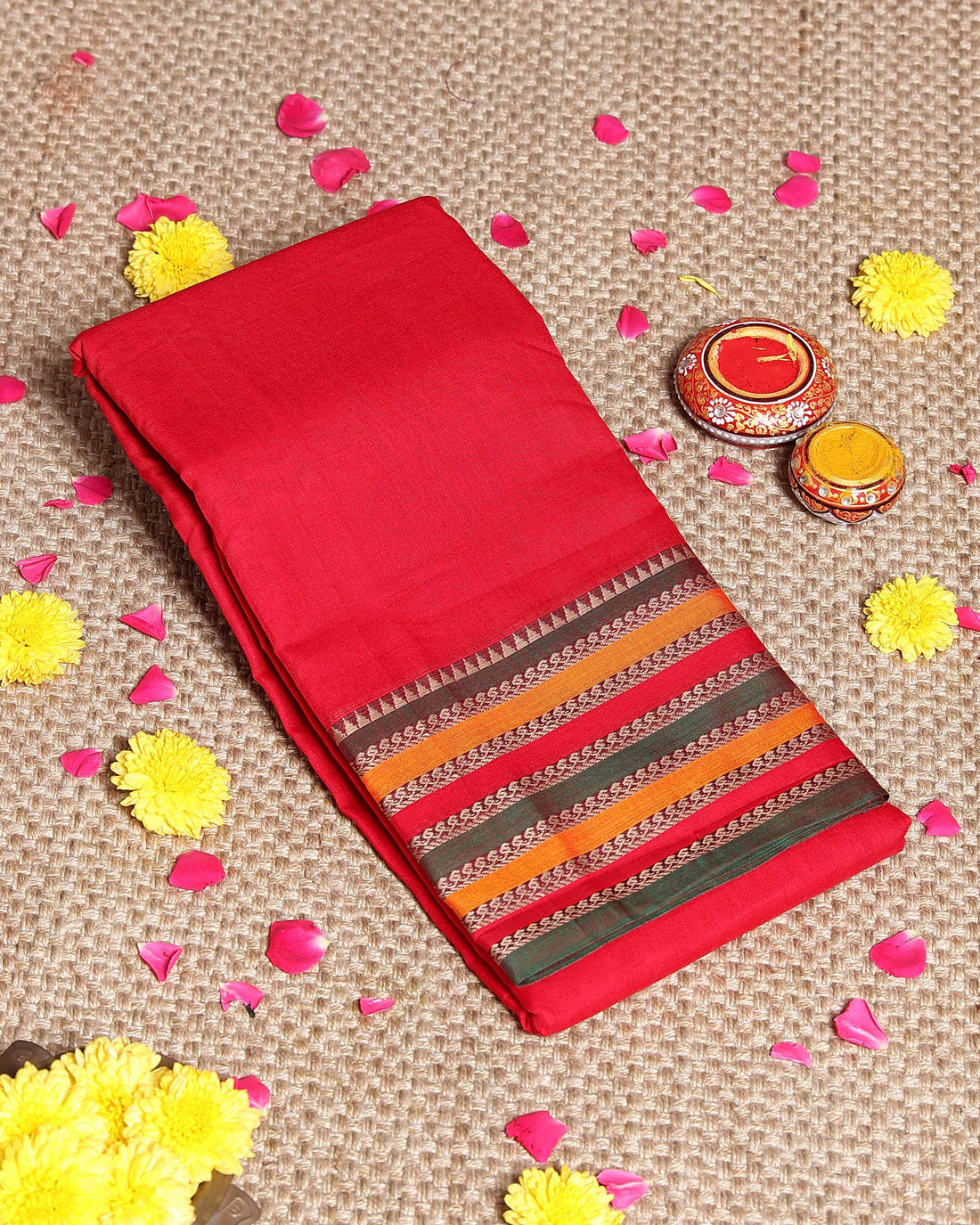Traditional Narayanpet Cotton Saree Classic Temple Border and Striped Pallu - Red