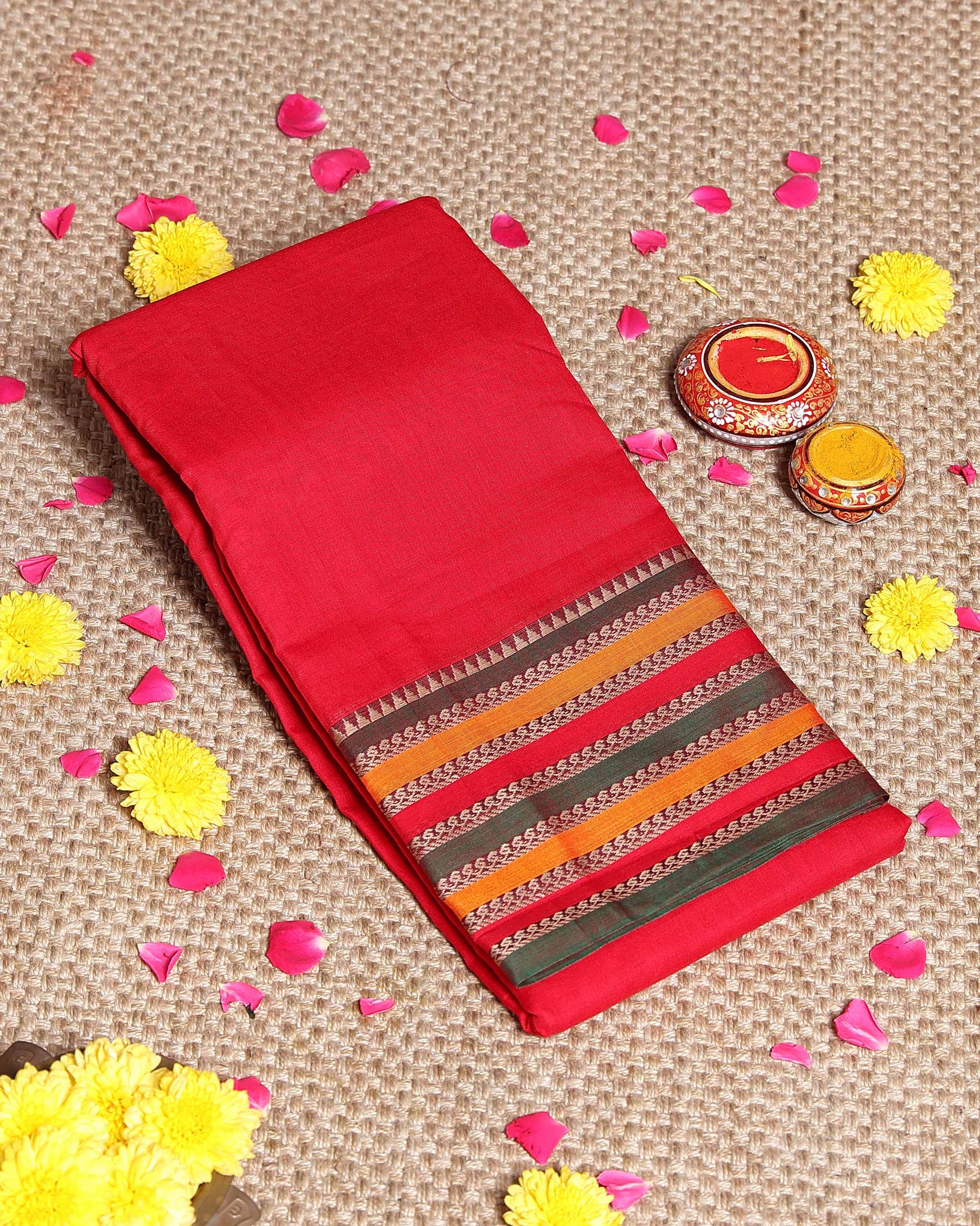 Traditional Narayanpet Cotton Saree Classic Temple Border and Striped Pallu - Red