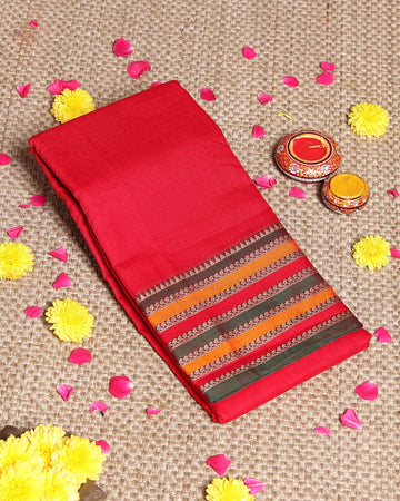 Traditional Narayanpet Cotton Saree Classic Temple Border and Striped Pallu - Red