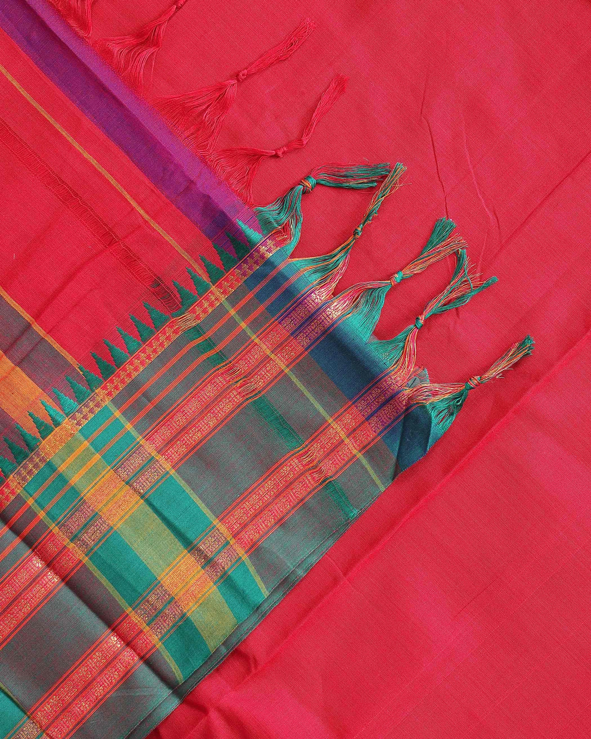 Traditional Narayanpet Cotton Saree with Classic Temple Border Rich Zari Striped Weave & Handloom Contrast Detailing - Red