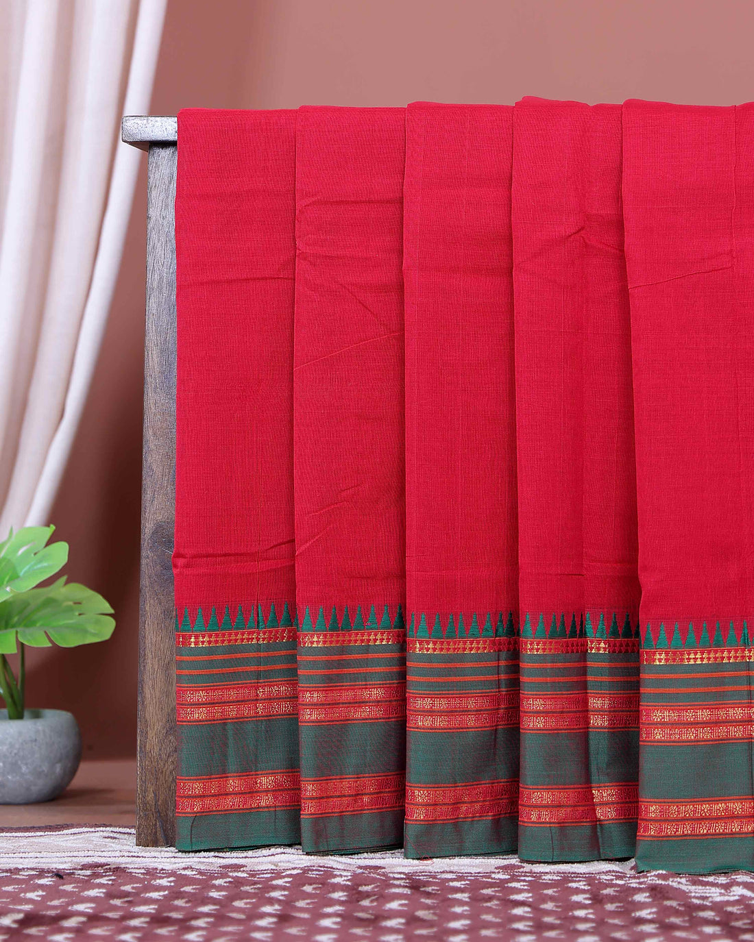 Traditional Narayanpet Cotton Saree with Classic Temple Border Rich Zari Striped Weave & Handloom Contrast Detailing - Red