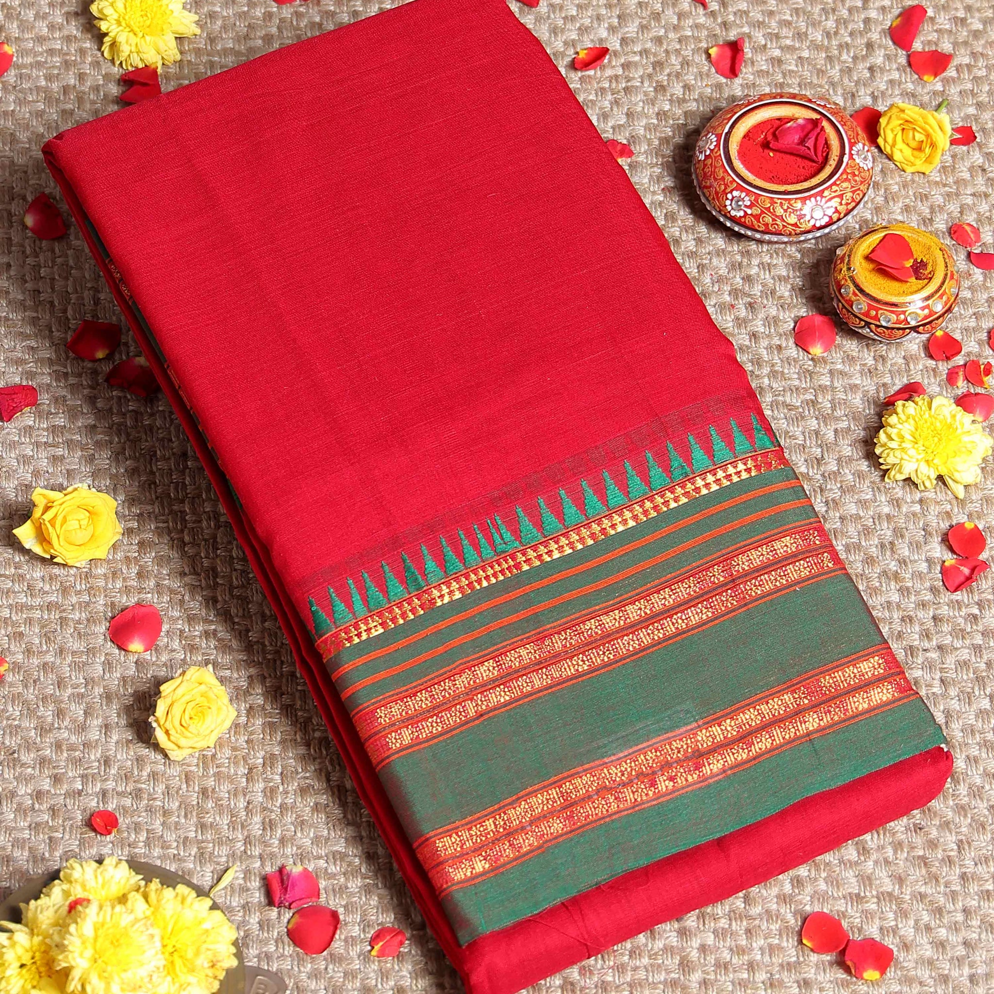 Traditional Narayanpet Cotton Saree with Classic Temple Border Rich Zari Striped Weave & Handloom Contrast Detailing - Red