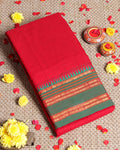 Traditional Narayanpet Cotton Saree with Classic Temple Border Rich Zari Striped Weave & Handloom Contrast Detailing - Red