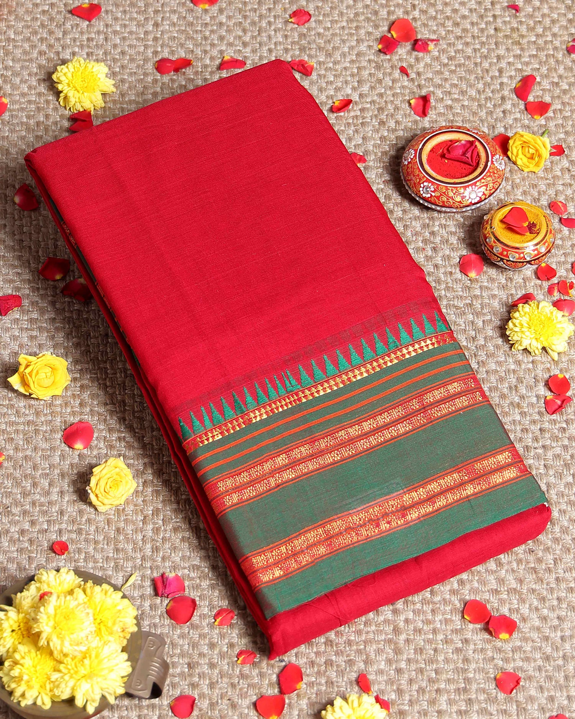Traditional Narayanpet Cotton Saree with Classic Temple Border Rich Zari Striped Weave & Handloom Contrast Detailing - Red
