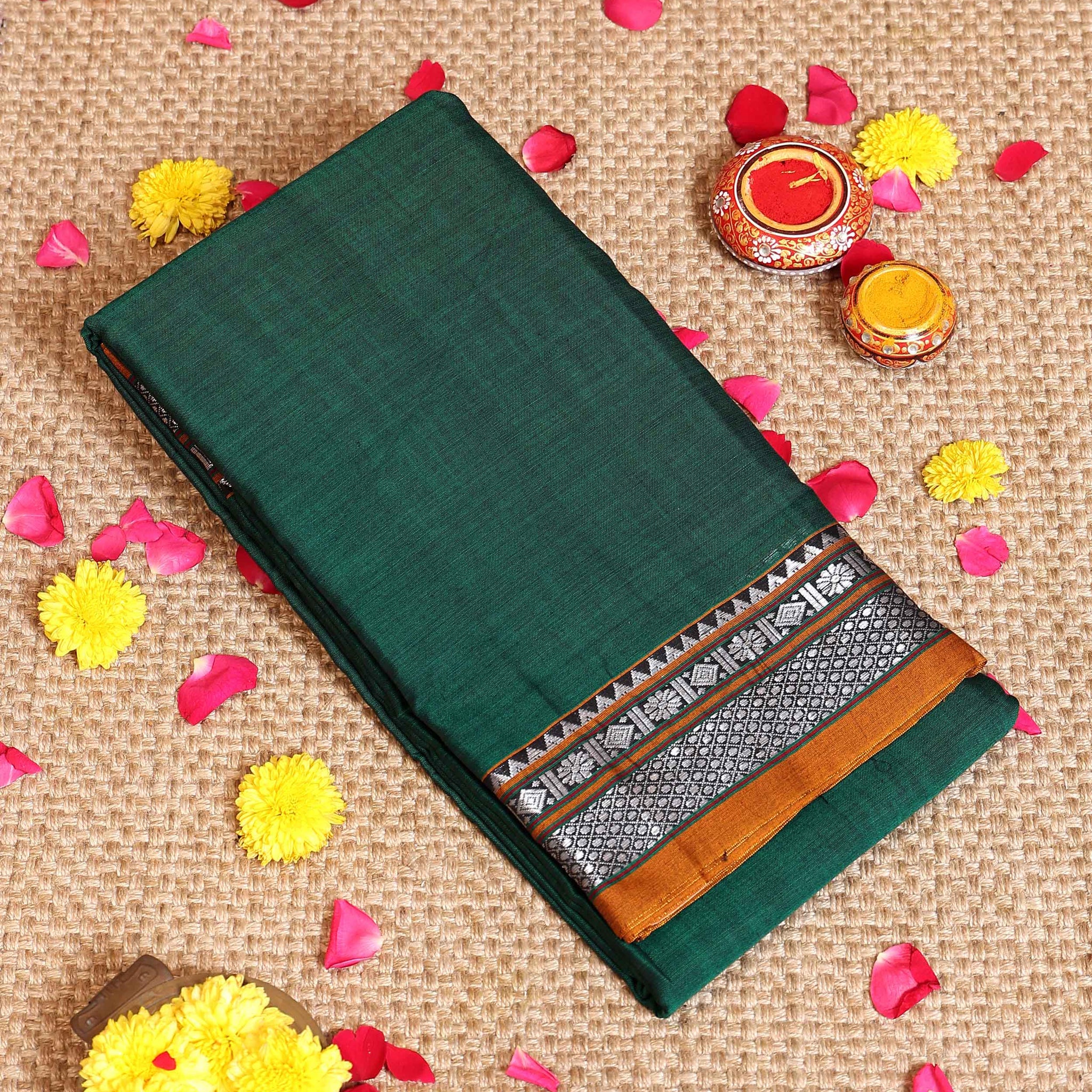 Traditional Narayanpet Cotton Saree with Contrast Woven Border and Subtle Horizontal Weave Body - Green
