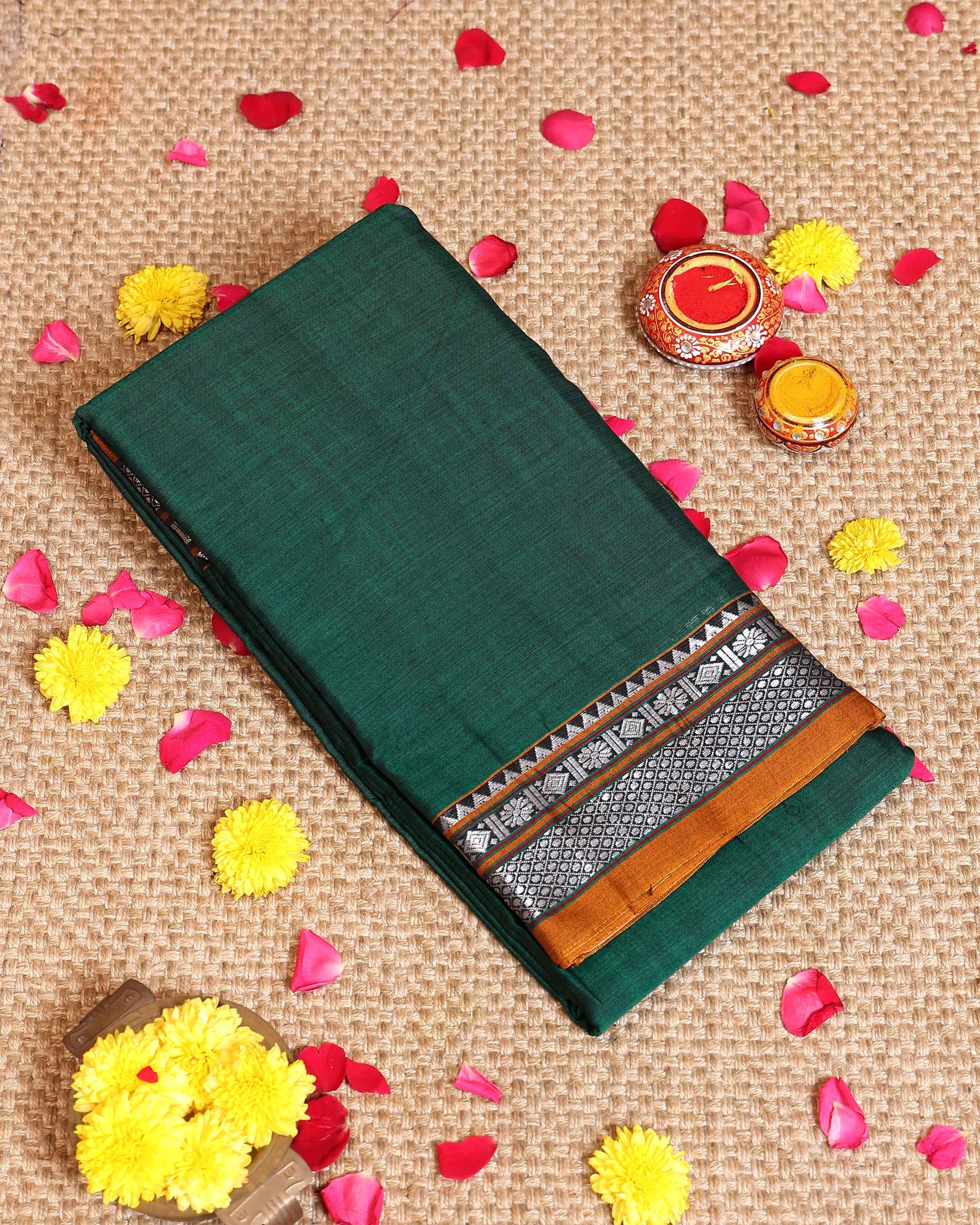 Traditional Narayanpet Cotton Saree with Contrast Woven Border and Subtle Horizontal Weave Body - Green