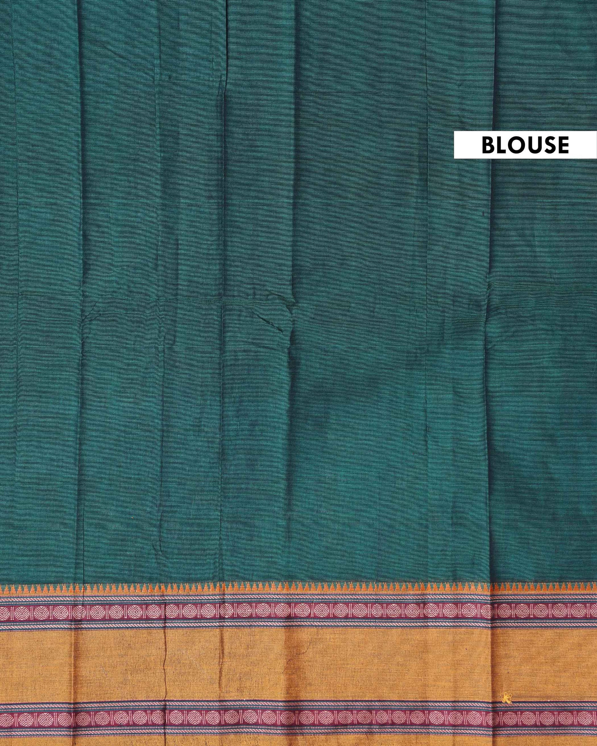Traditional Narayanpet Cotton Saree with Handwoven Temple Border Intricate Motif Stripes & Classic Contrast Zari Detailing - Dark Green