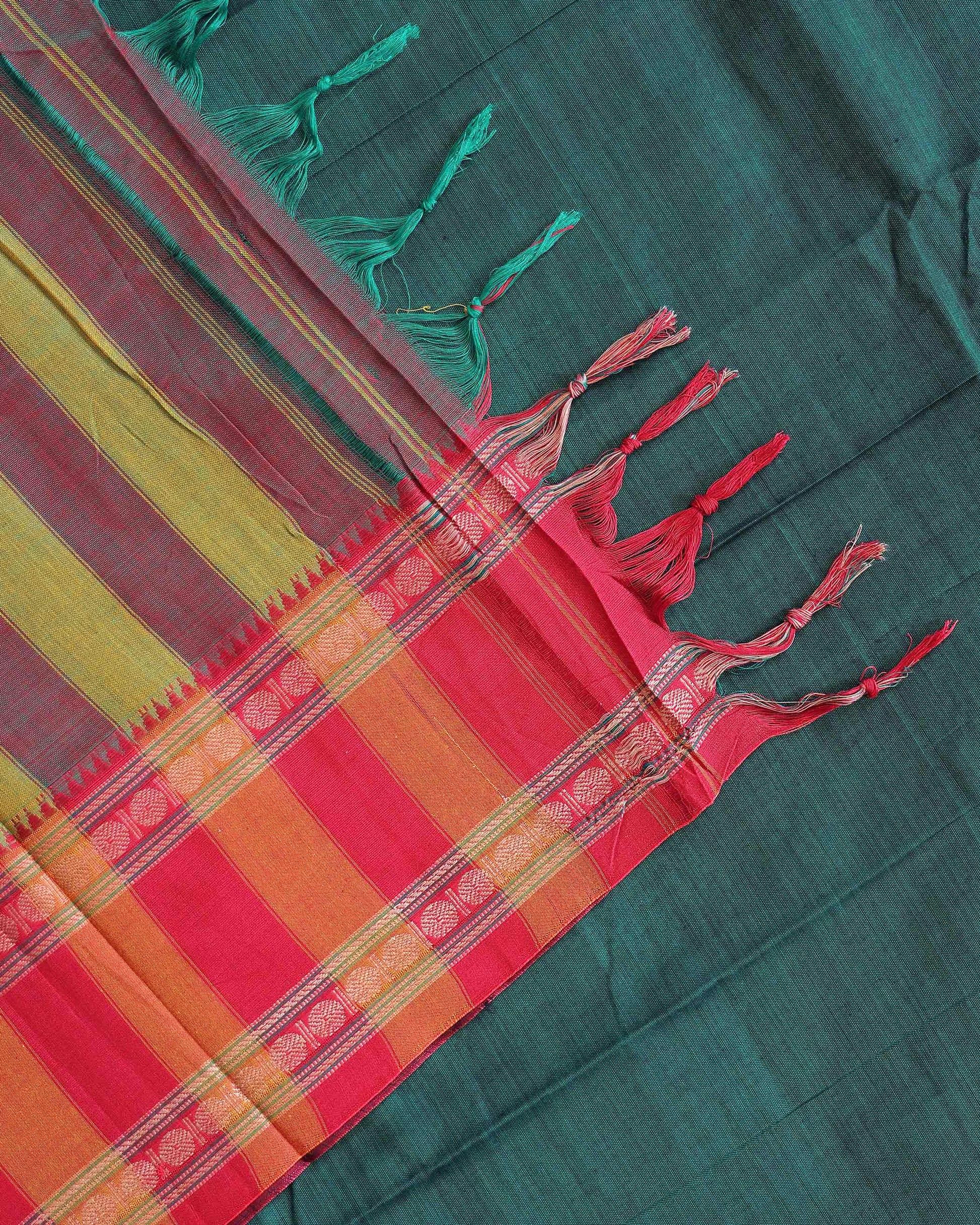 Traditional Narayanpet Cotton Saree with Handwoven Temple Border Intricate Motif Stripes & Classic Contrast Zari Detailing - Dark Green