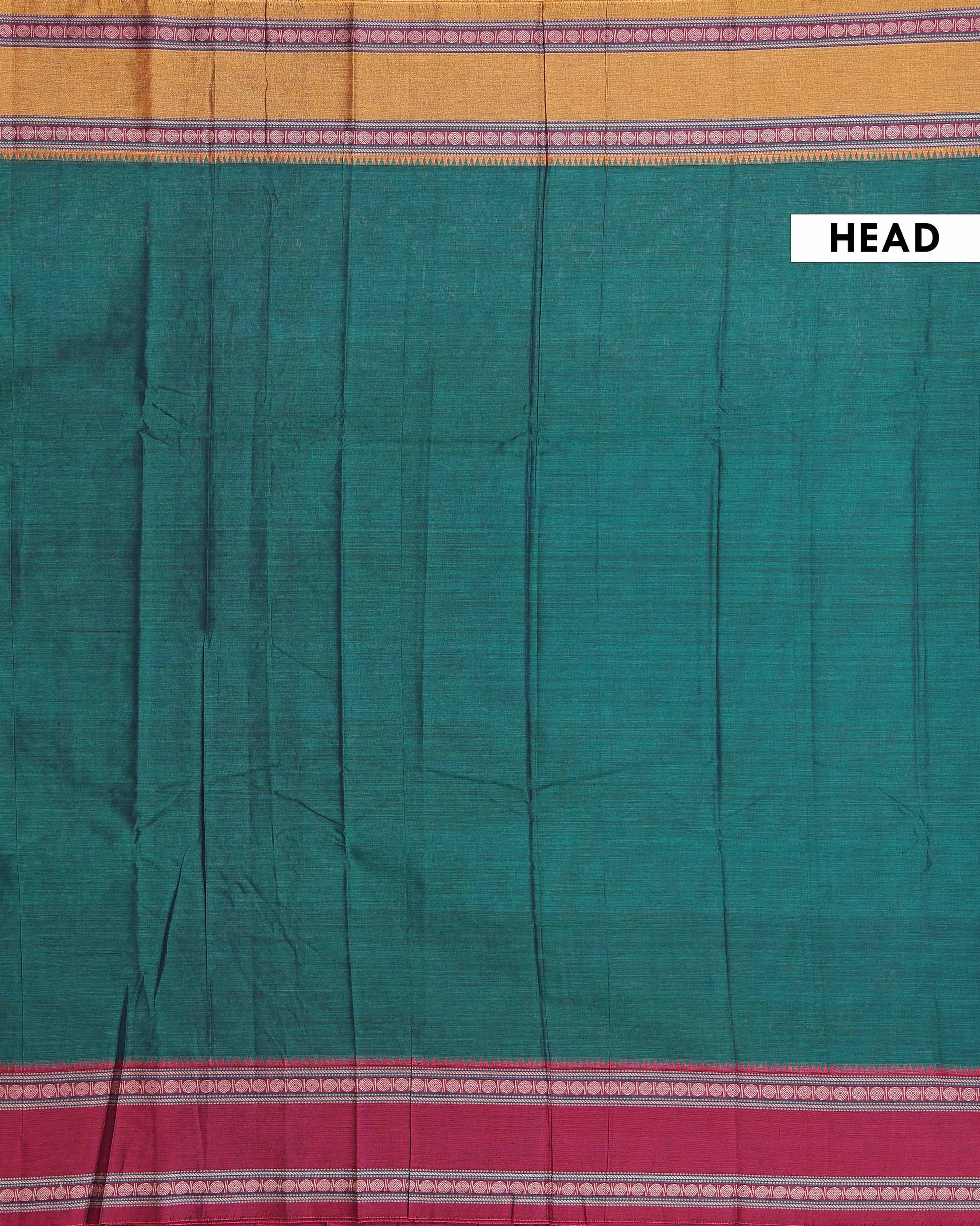 Traditional Narayanpet Cotton Saree with Handwoven Temple Border Intricate Motif Stripes & Classic Contrast Zari Detailing - Dark Green