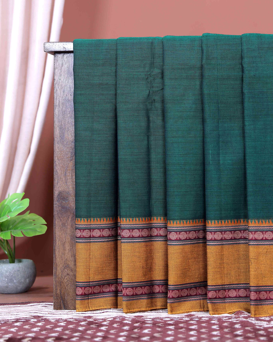 Traditional Narayanpet Cotton Saree with Handwoven Temple Border Intricate Motif Stripes & Classic Contrast Zari Detailing - Dark Green
