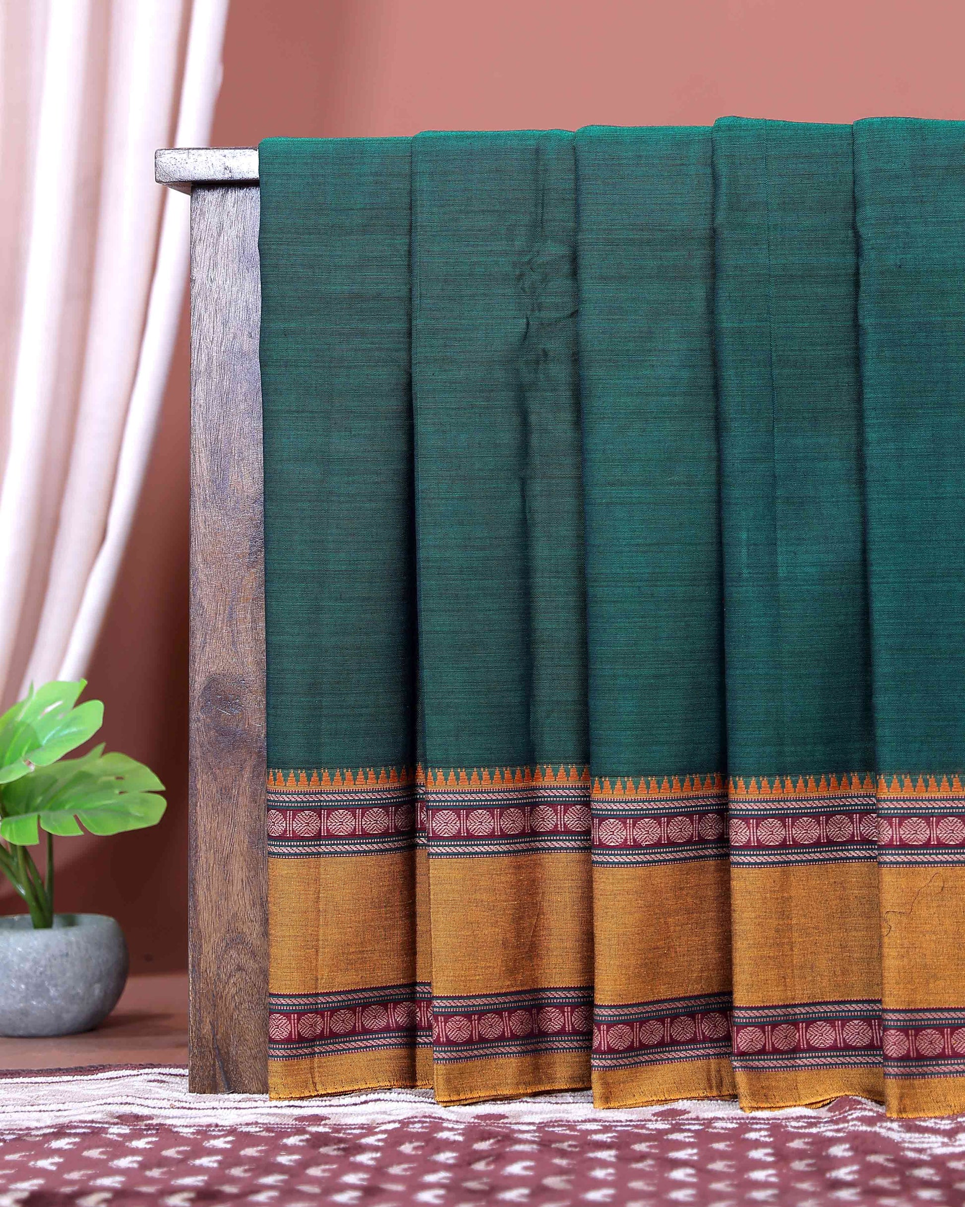Traditional Narayanpet Cotton Saree with Handwoven Temple Border Intricate Motif Stripes & Classic Contrast Zari Detailing - Dark Green