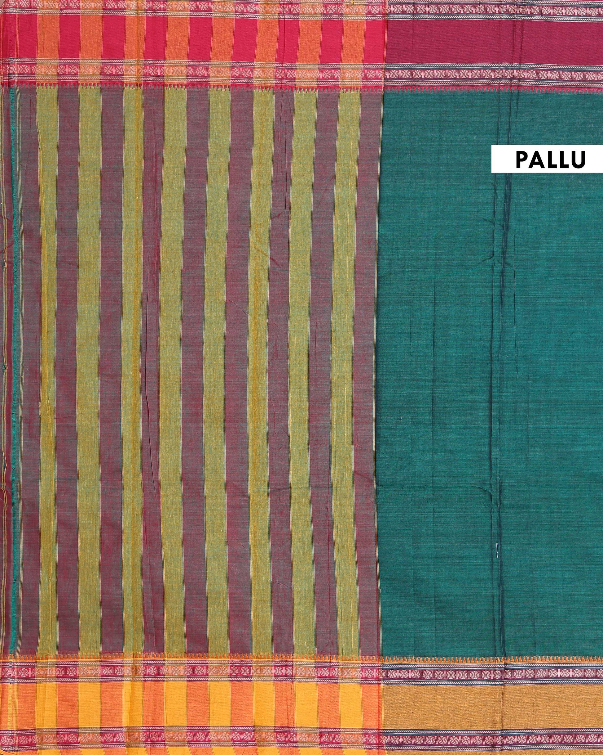 Traditional Narayanpet Cotton Saree with Handwoven Temple Border Intricate Motif Stripes & Classic Contrast Zari Detailing - Dark Green