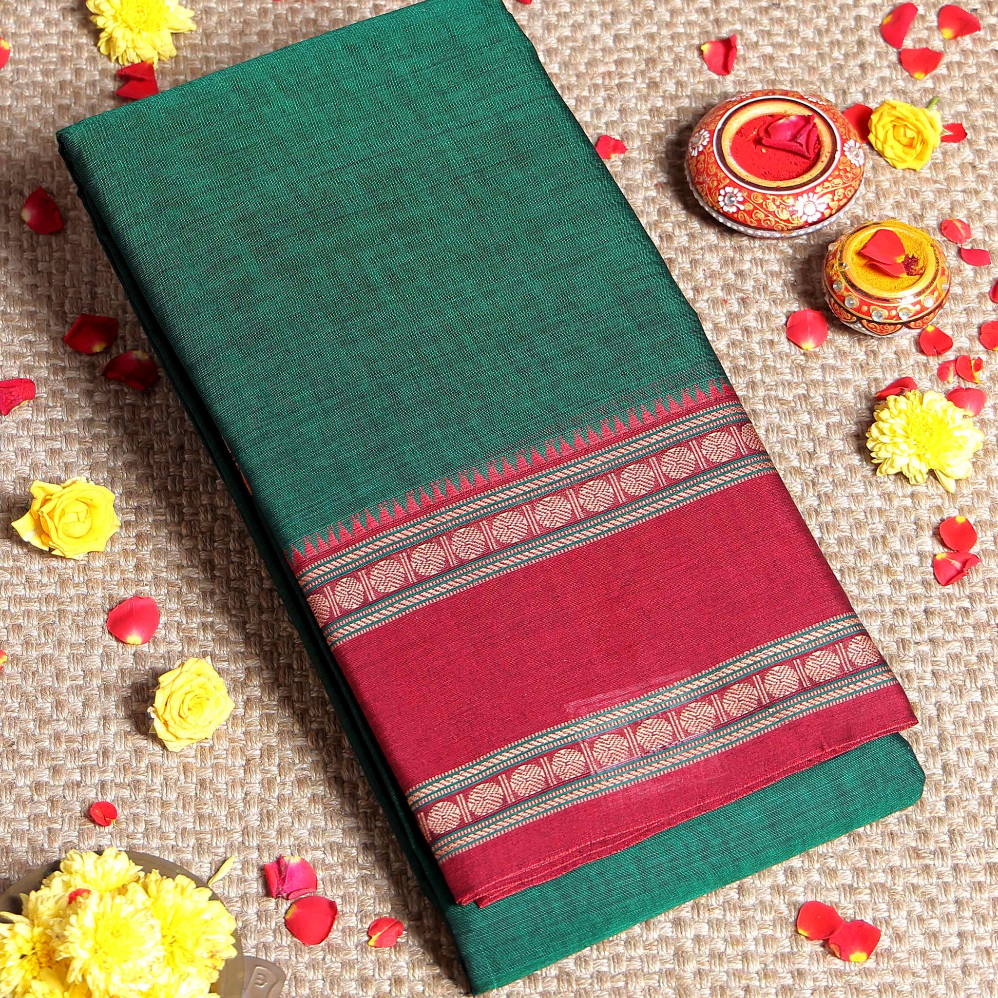 Traditional Narayanpet Cotton Saree with Handwoven Temple Border Intricate Motif Stripes & Classic Contrast Zari Detailing - Dark Green