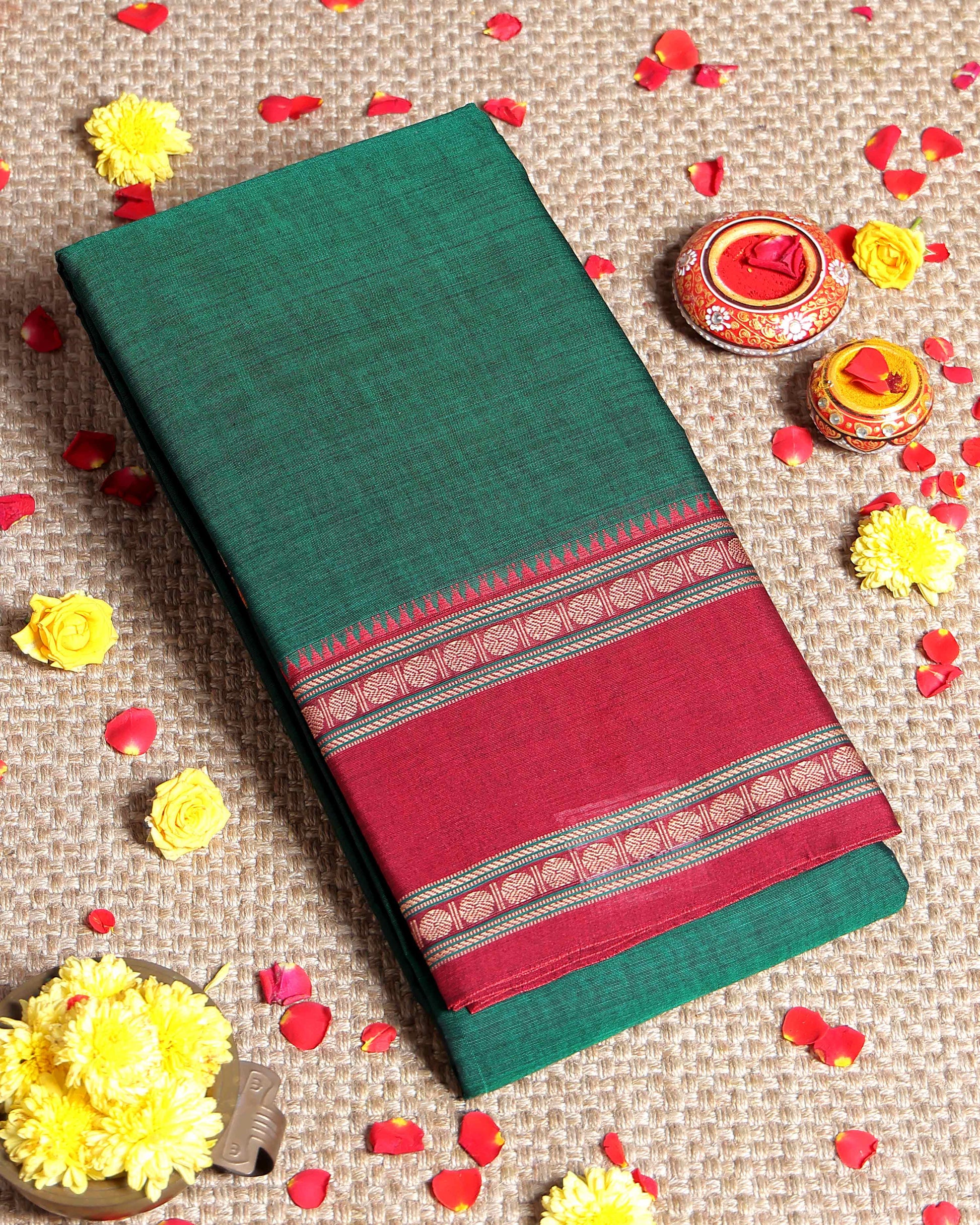 Traditional Narayanpet Cotton Saree with Handwoven Temple Border Intricate Motif Stripes & Classic Contrast Zari Detailing - Dark Green