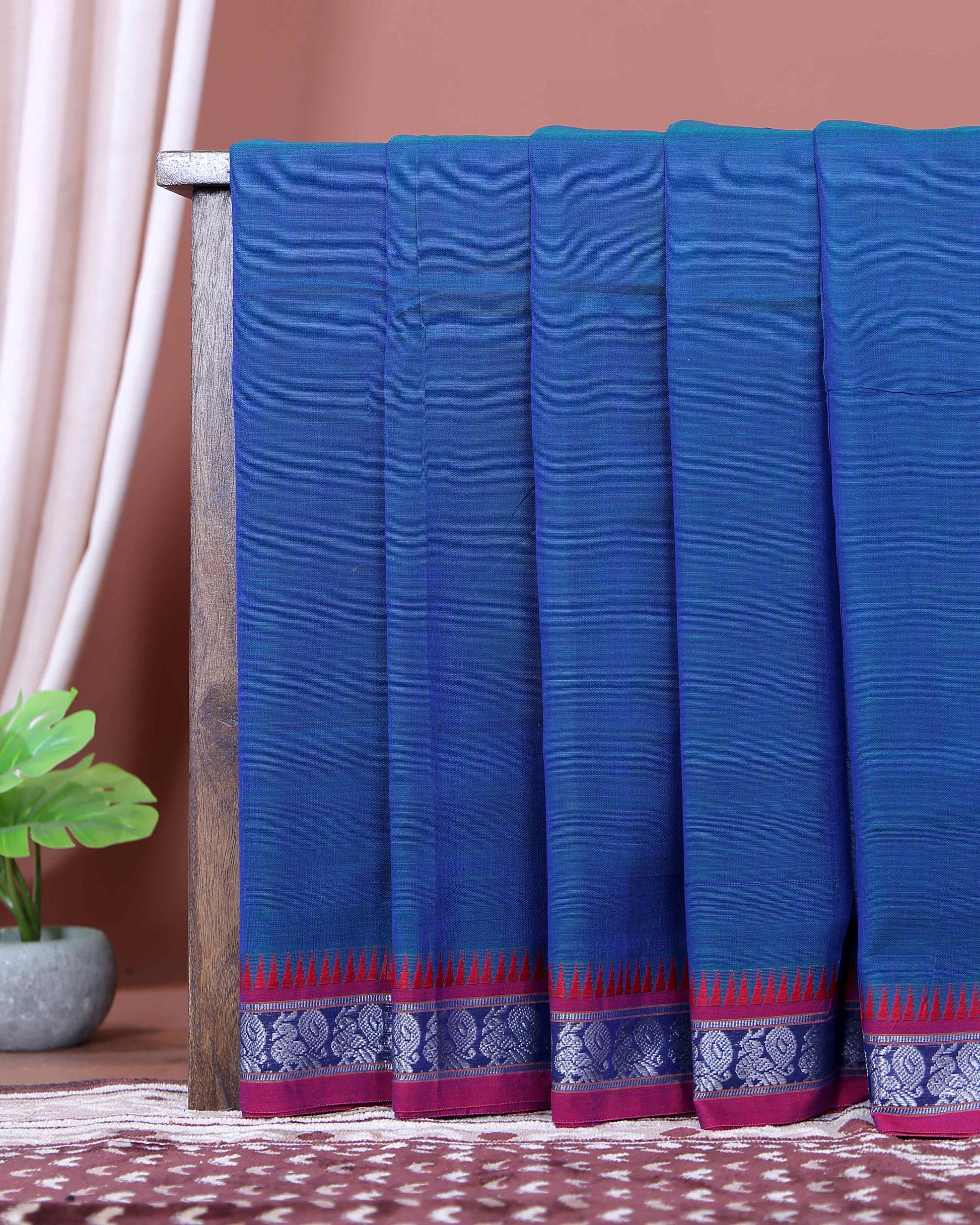 Traditional Narayanpet Cotton Saree with Handwoven Temple Border Intricate Peacock Motif Zari Design - Blue