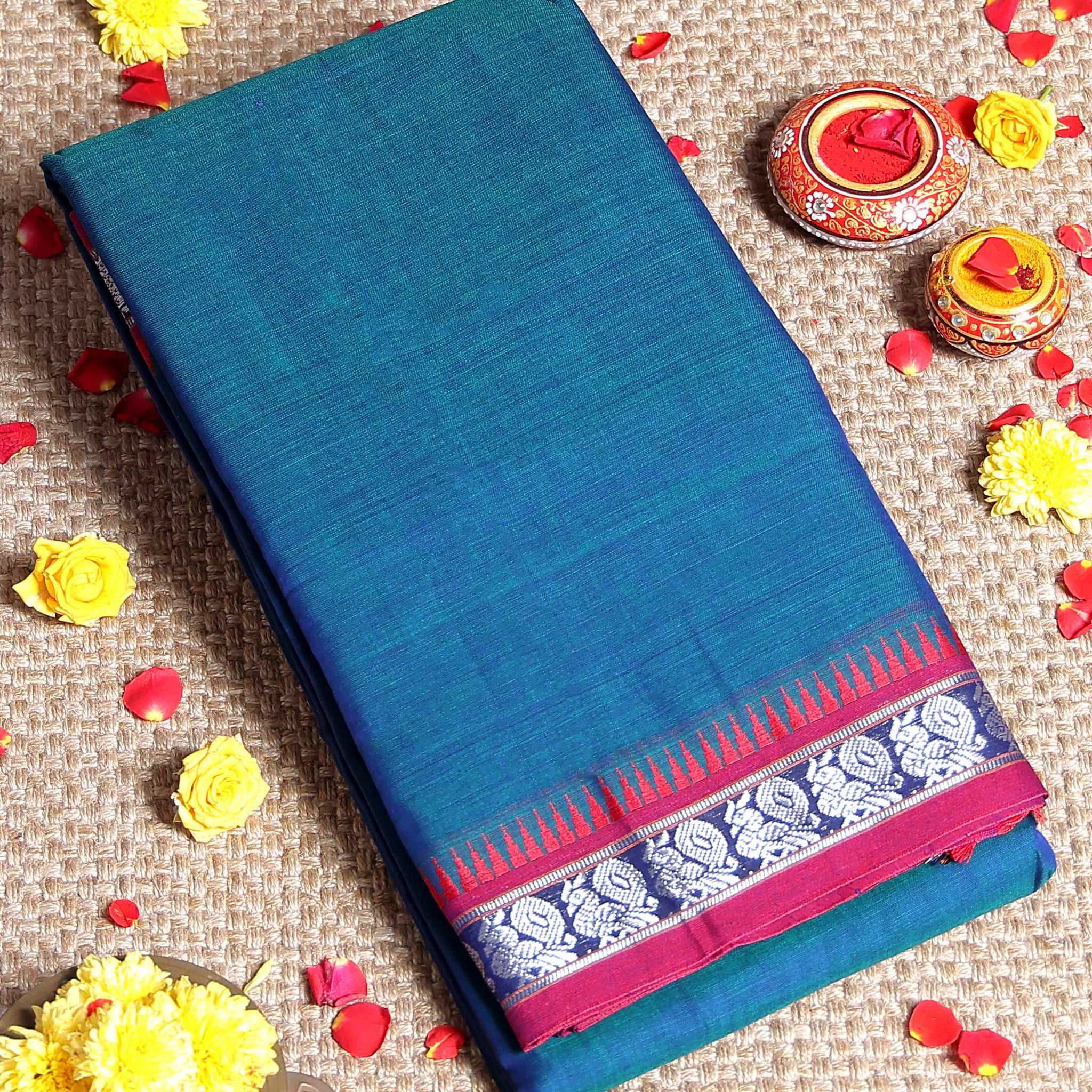 Traditional Narayanpet Cotton Saree with Handwoven Temple Border Intricate Peacock Motif Zari Design - Blue