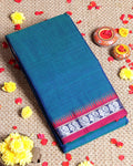 Traditional Narayanpet Cotton Saree with Handwoven Temple Border Intricate Peacock Motif Zari Design - Blue