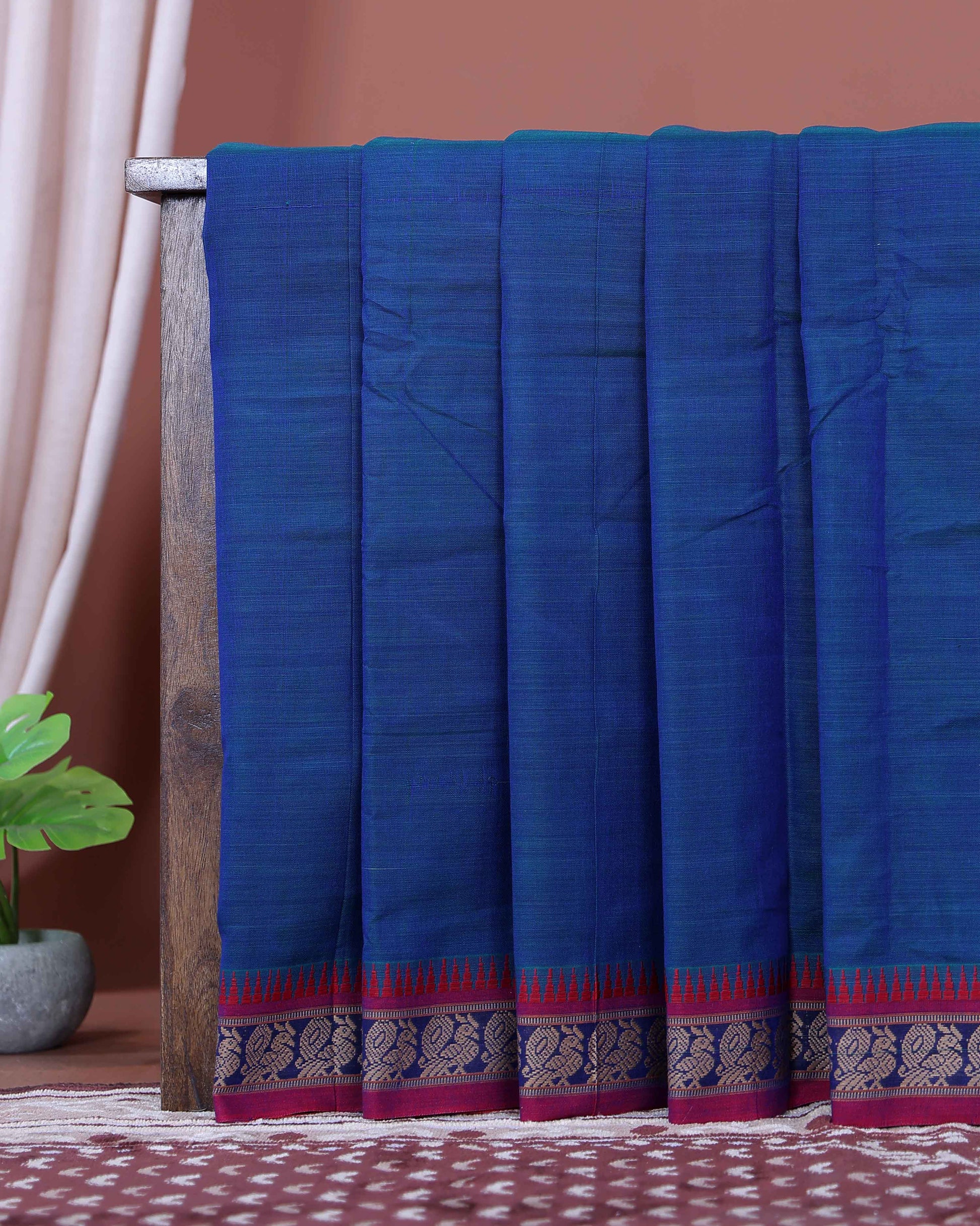 Traditional Narayanpet Cotton Saree with Heritage Temple Design Border and Elaborate Traditional Weaving - Blue