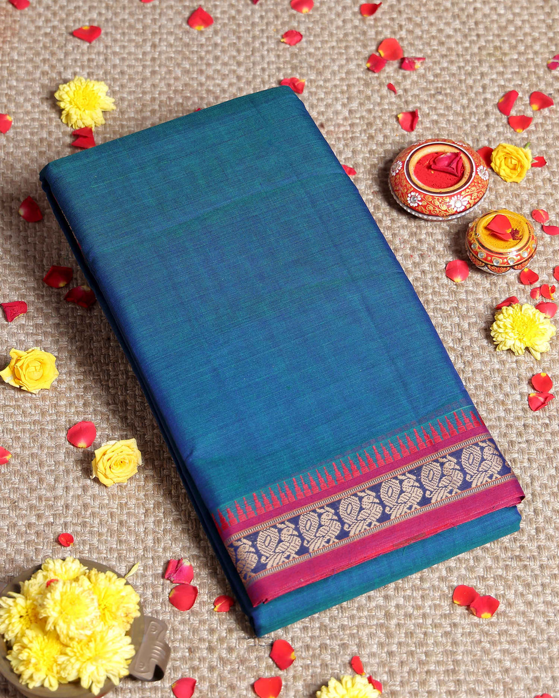 Traditional Narayanpet Cotton Saree with Heritage Temple Design Border and Elaborate Traditional Weaving - Blue