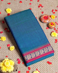 Traditional Narayanpet Cotton Saree with Heritage Temple Design Border and Elaborate Traditional Weaving - Blue