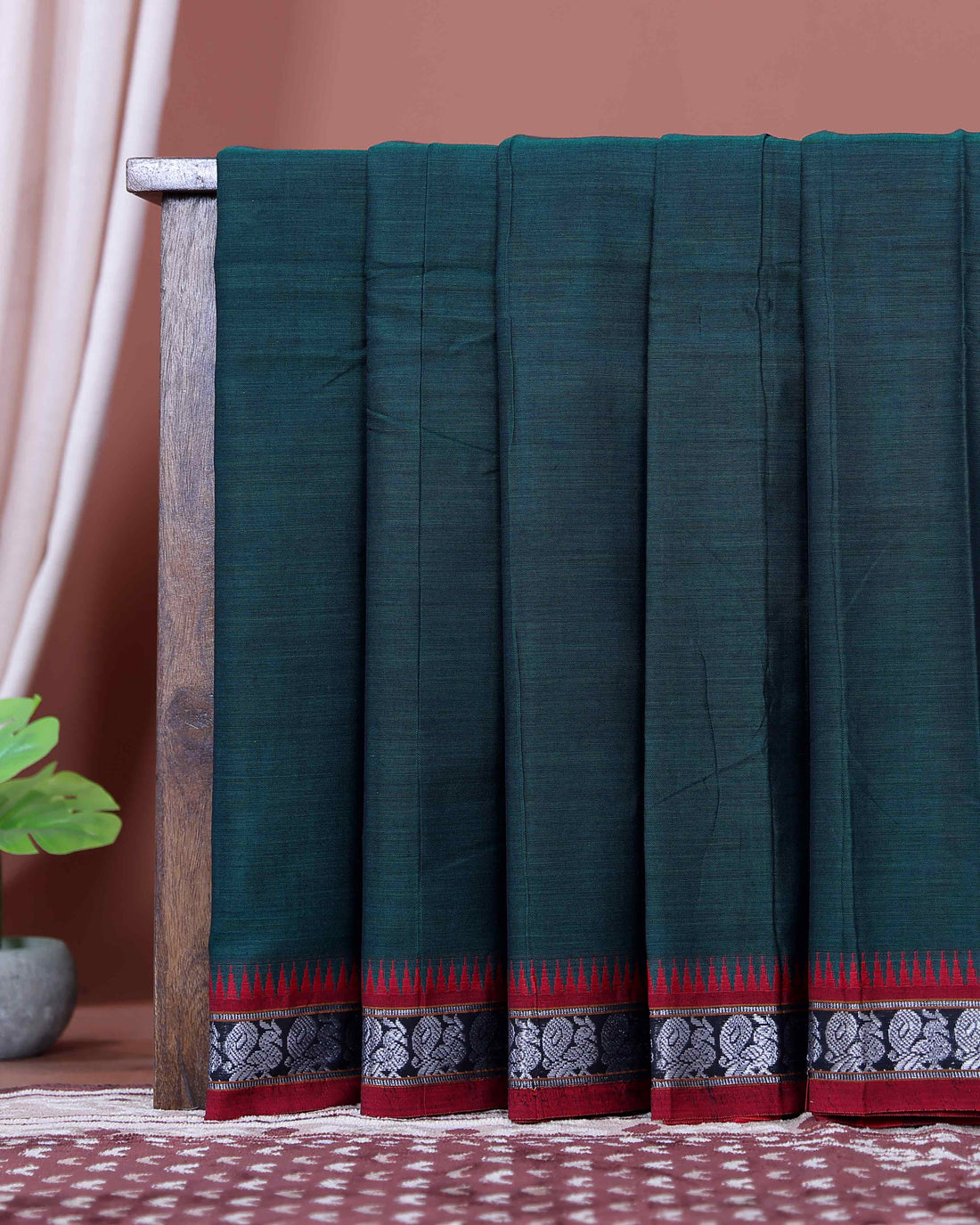 Traditional Narayanpet Cotton Saree with Heritage Temple Design Border and Elaborate Traditional Weaving - Dark Green