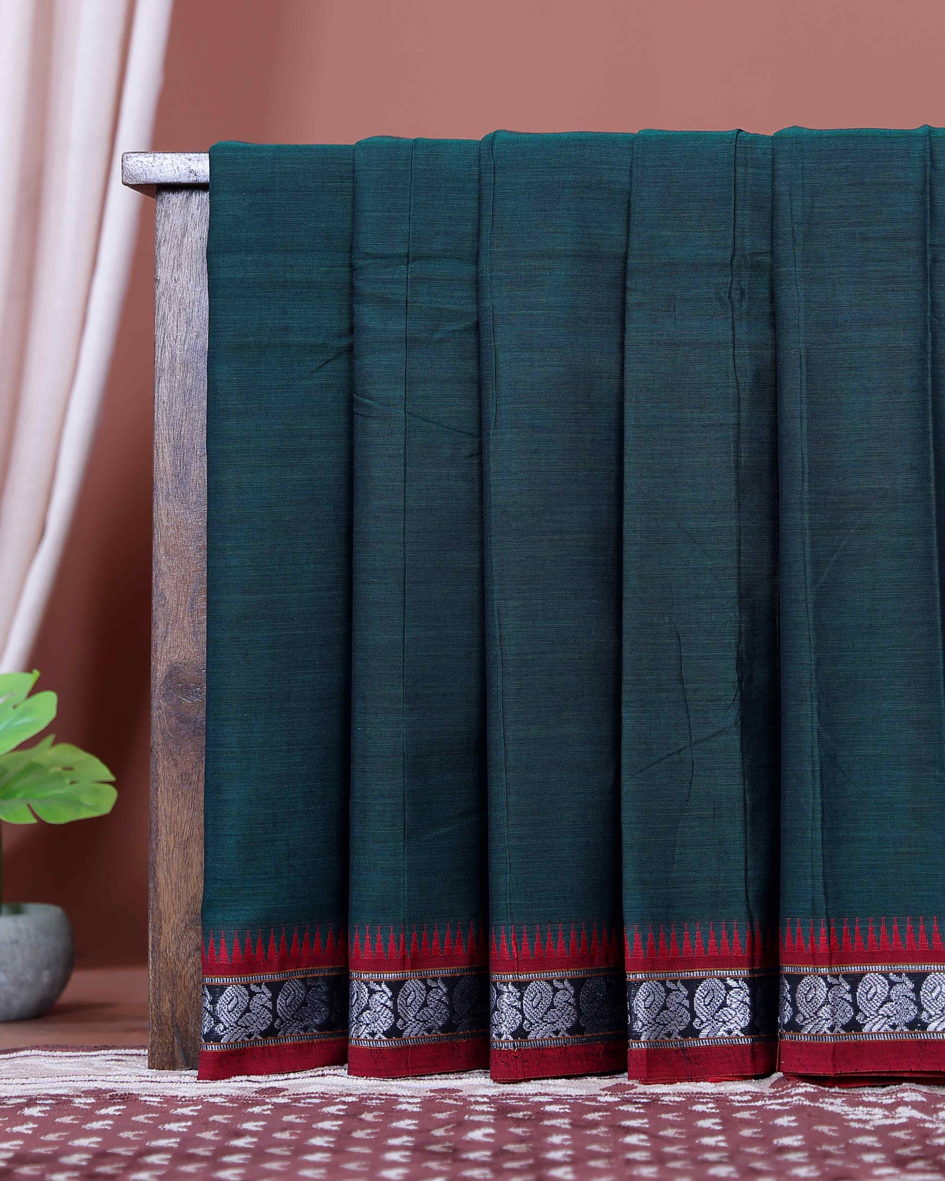 Traditional Narayanpet Cotton Saree with Heritage Temple Design Border and Elaborate Traditional Weaving - Dark Green