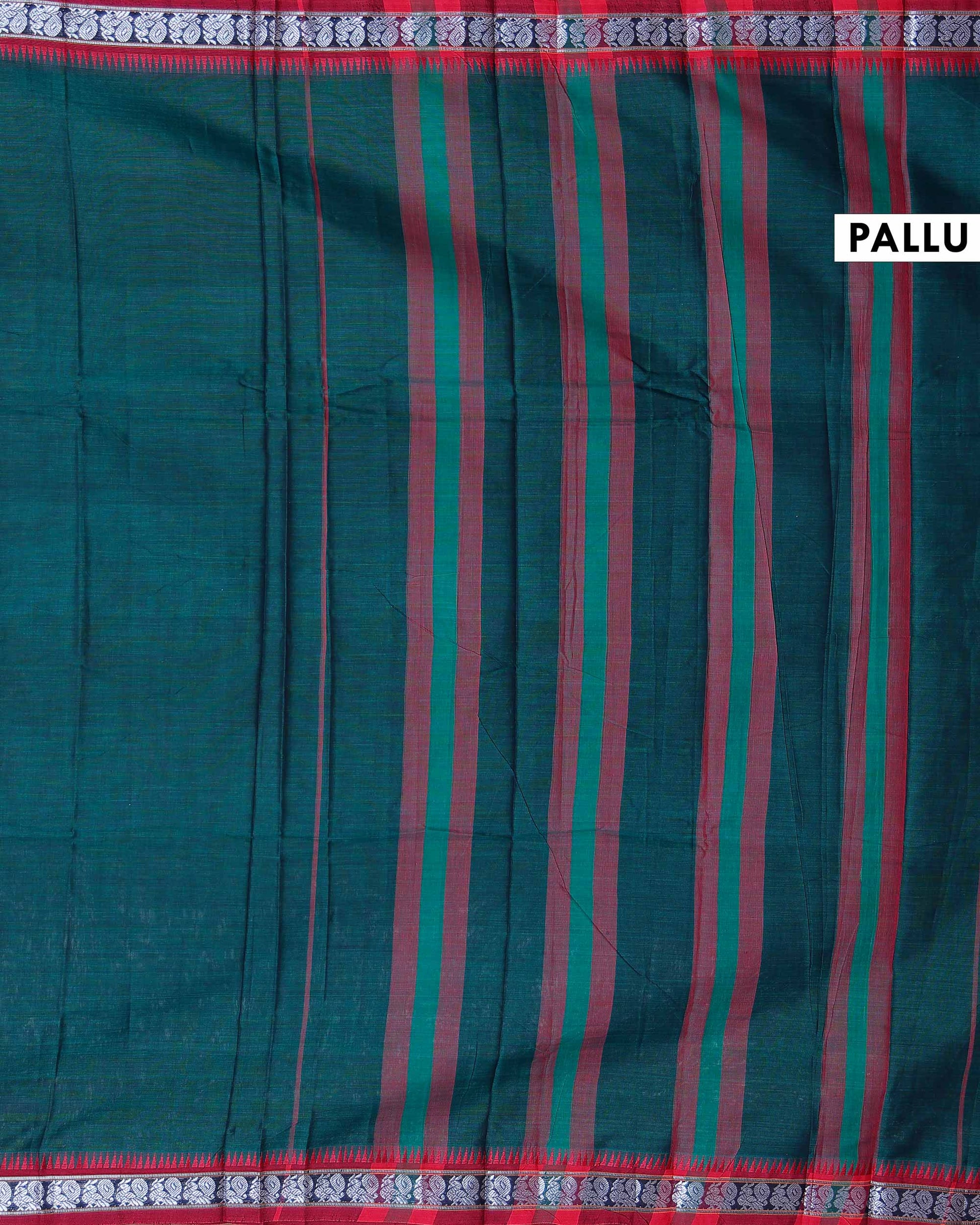 Traditional Narayanpet Cotton Saree with Heritage Temple Design Border and Elaborate Traditional Weaving - Dark Green