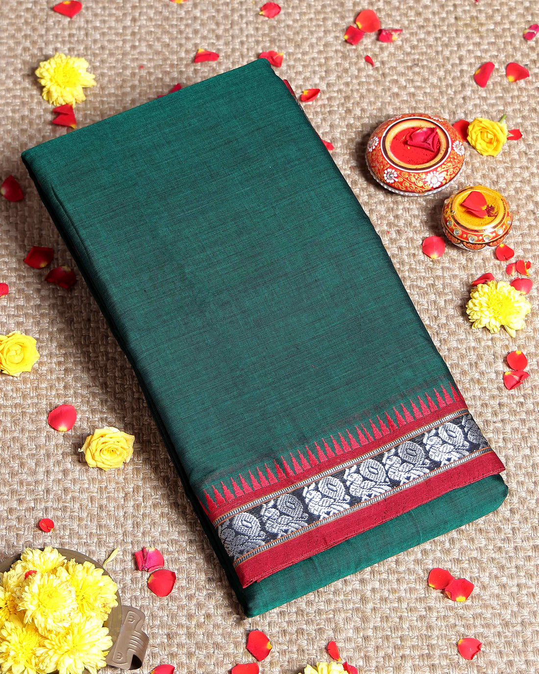 Traditional Narayanpet Cotton Saree with Heritage Temple Design Border and Elaborate Traditional Weaving - Dark Green