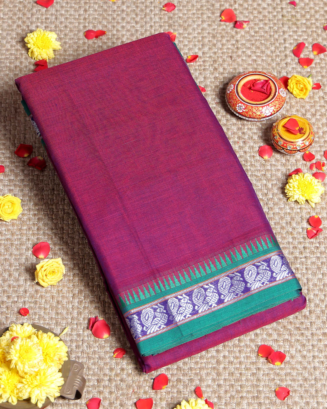 Traditional Narayanpet Cotton Saree with Heritage Temple Design Border and Elaborate Traditional Weaving - Purple