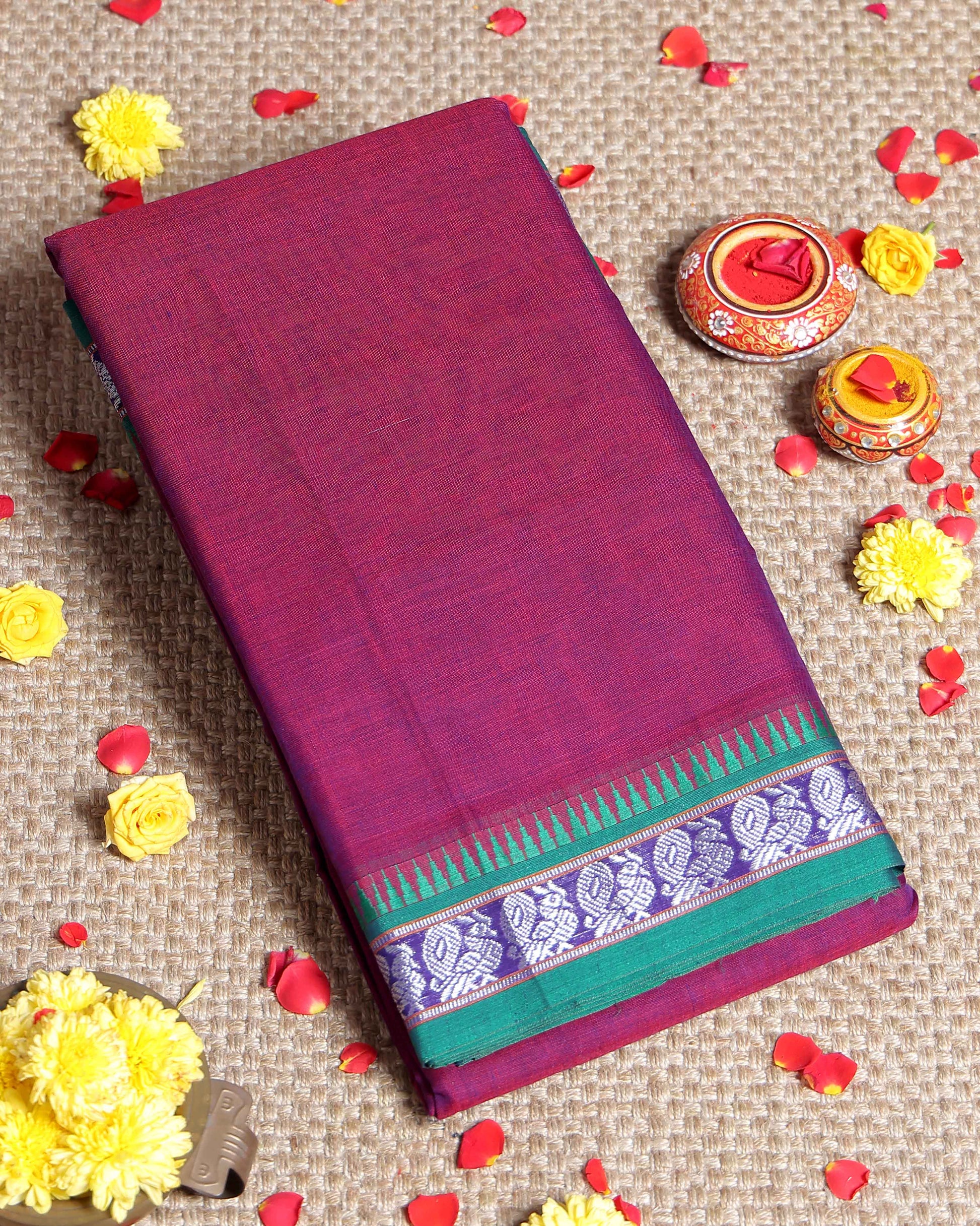 Traditional Narayanpet Cotton Saree with Heritage Temple Design Border and Elaborate Traditional Weaving - Purple