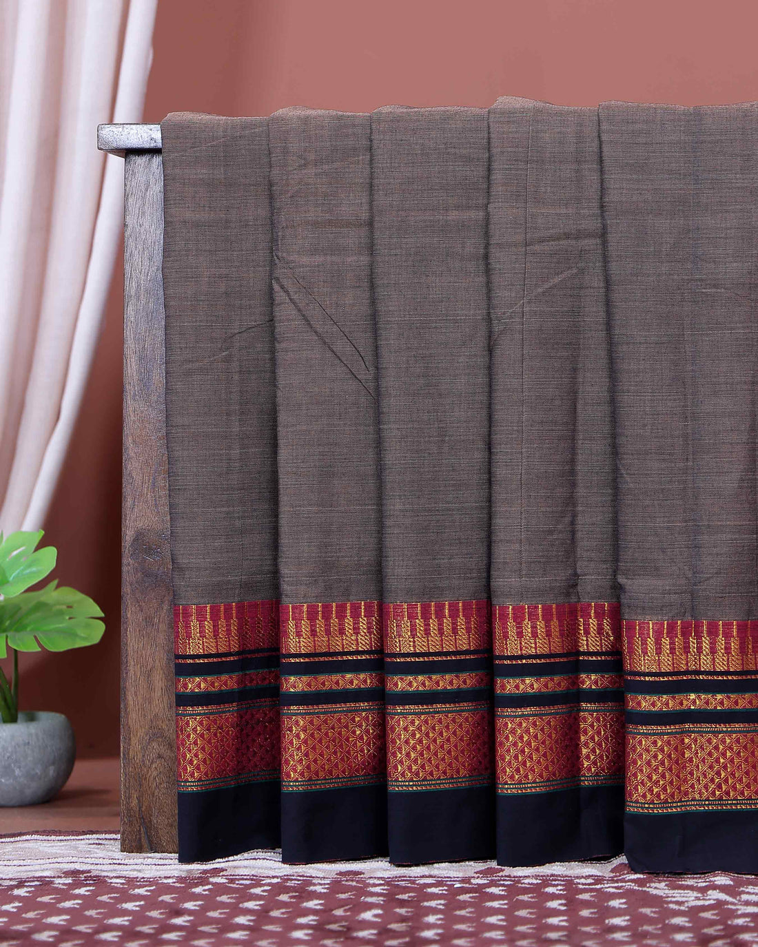 Traditional Narayanpet Cotton Saree with Rich Zari Woven Geometric Border Temple Accents & Classic Handloom Texture - Grey