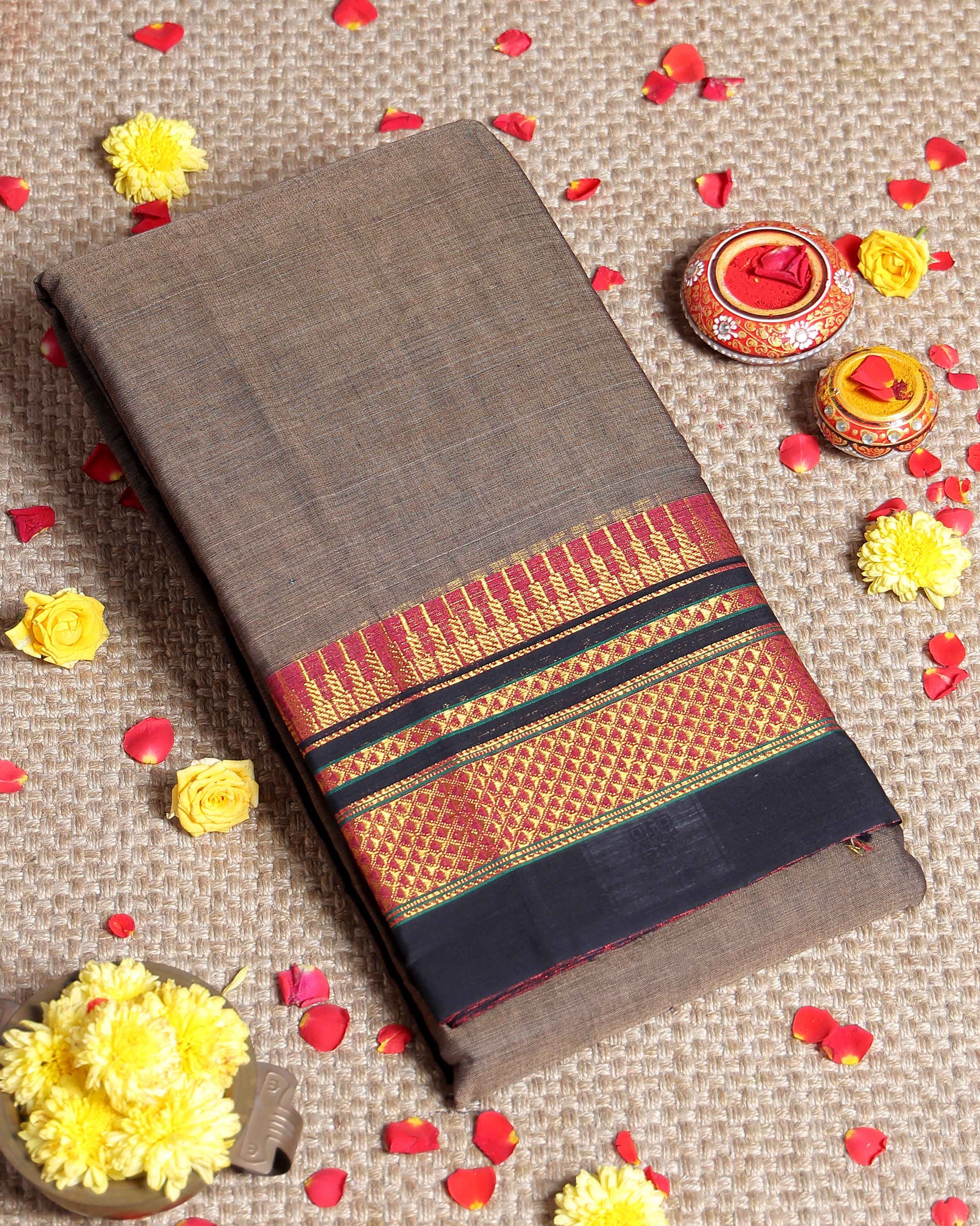 Traditional Narayanpet Cotton Saree with Rich Zari Woven Geometric Border Temple Accents & Classic Handloom Texture - Grey