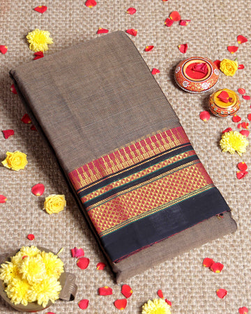 Traditional Narayanpet Cotton Saree with Rich Zari Woven Geometric Border Temple Accents & Classic Handloom Texture - Grey