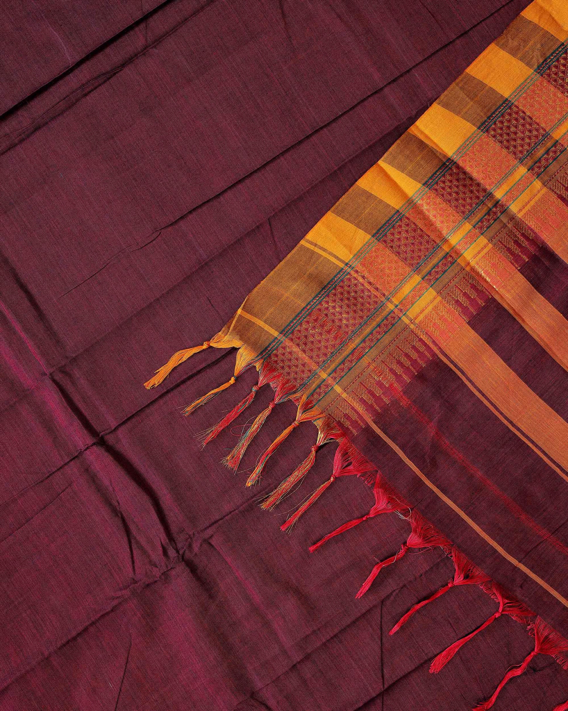 Traditional Narayanpet Cotton Saree with Rich Zari Woven Geometric Border Temple Accents & Classic Handloom Texture - Maroon