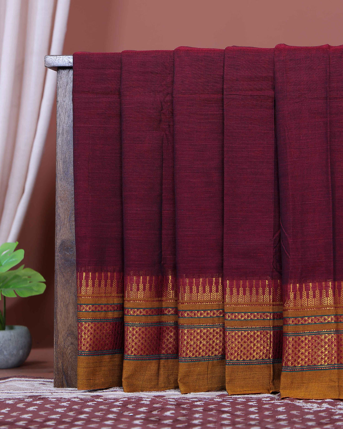 Traditional Narayanpet Cotton Saree with Rich Zari Woven Geometric Border Temple Accents & Classic Handloom Texture - Maroon