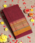 Traditional Narayanpet Cotton Saree with Rich Zari Woven Geometric Border Temple Accents & Classic Handloom Texture - Maroon