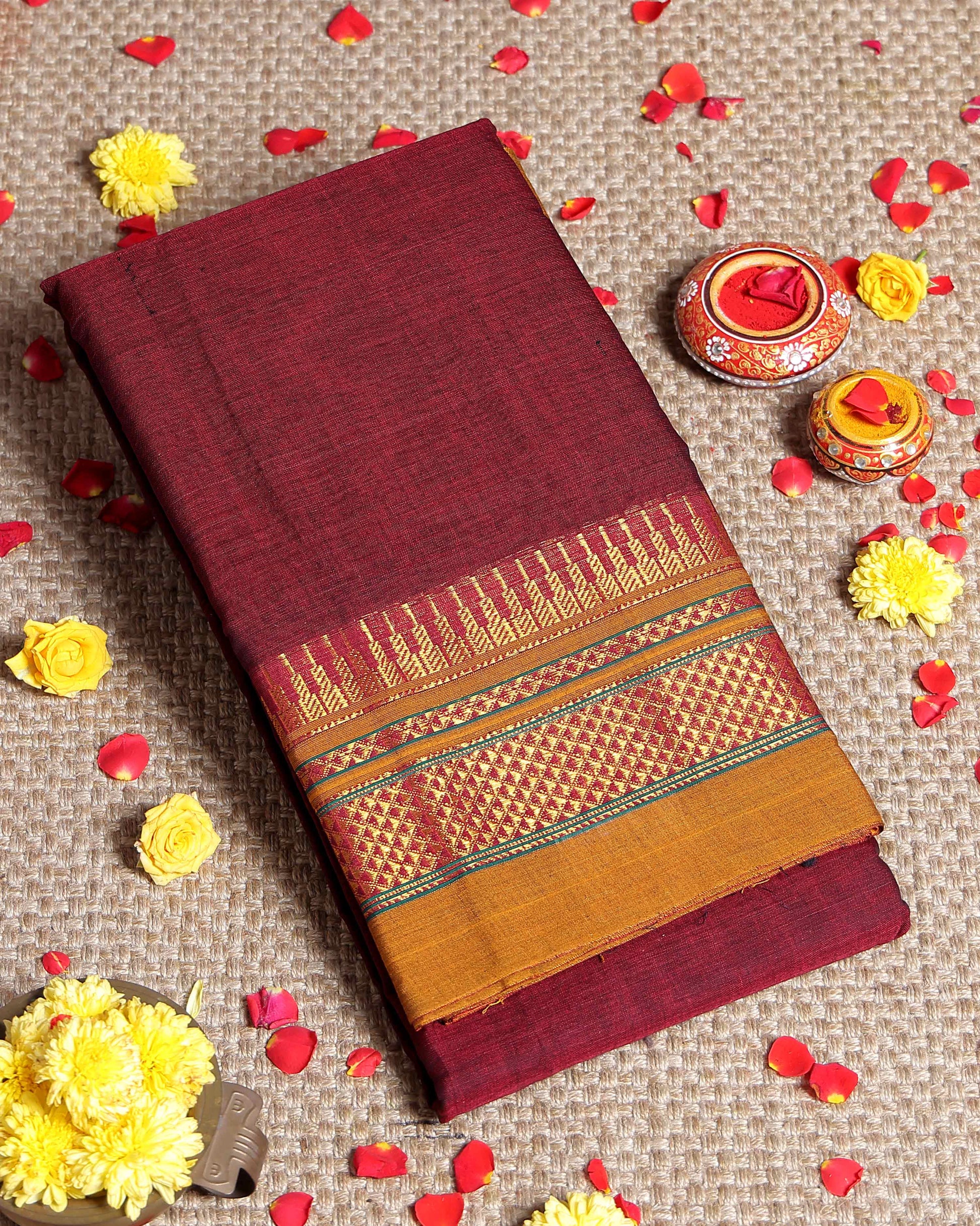 Traditional Narayanpet Cotton Saree with Rich Zari Woven Geometric Border Temple Accents & Classic Handloom Texture - Maroon