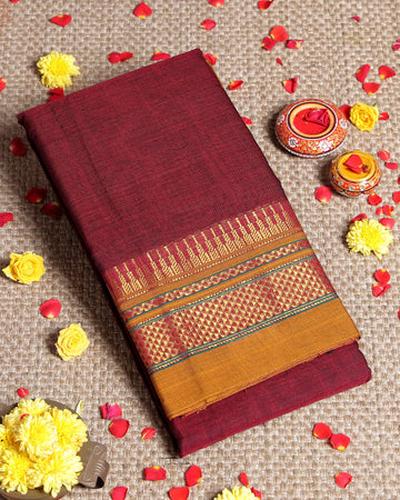 Traditional Narayanpet Cotton Saree with Rich Zari Woven Geometric Border Temple Accents & Classic Handloom Texture - Maroon