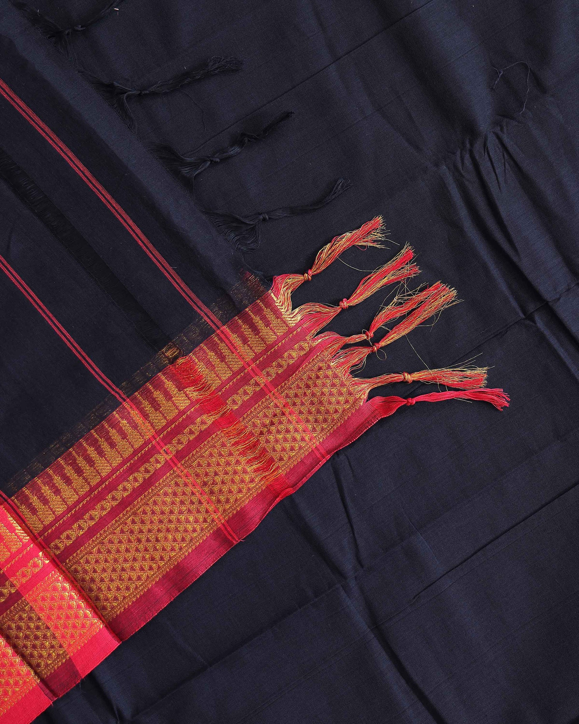 Traditional Narayanpet Cotton Saree with Rich Zari Woven Geometric Border Temple Accents & Classic Handloom Texture - Navy Blue