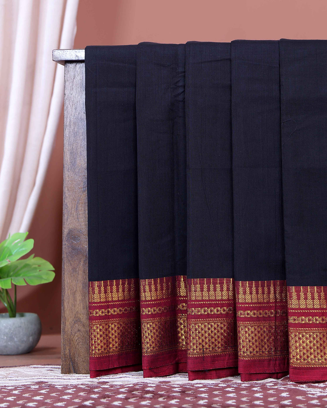 Traditional Narayanpet Cotton Saree with Rich Zari Woven Geometric Border Temple Accents & Classic Handloom Texture - Navy Blue