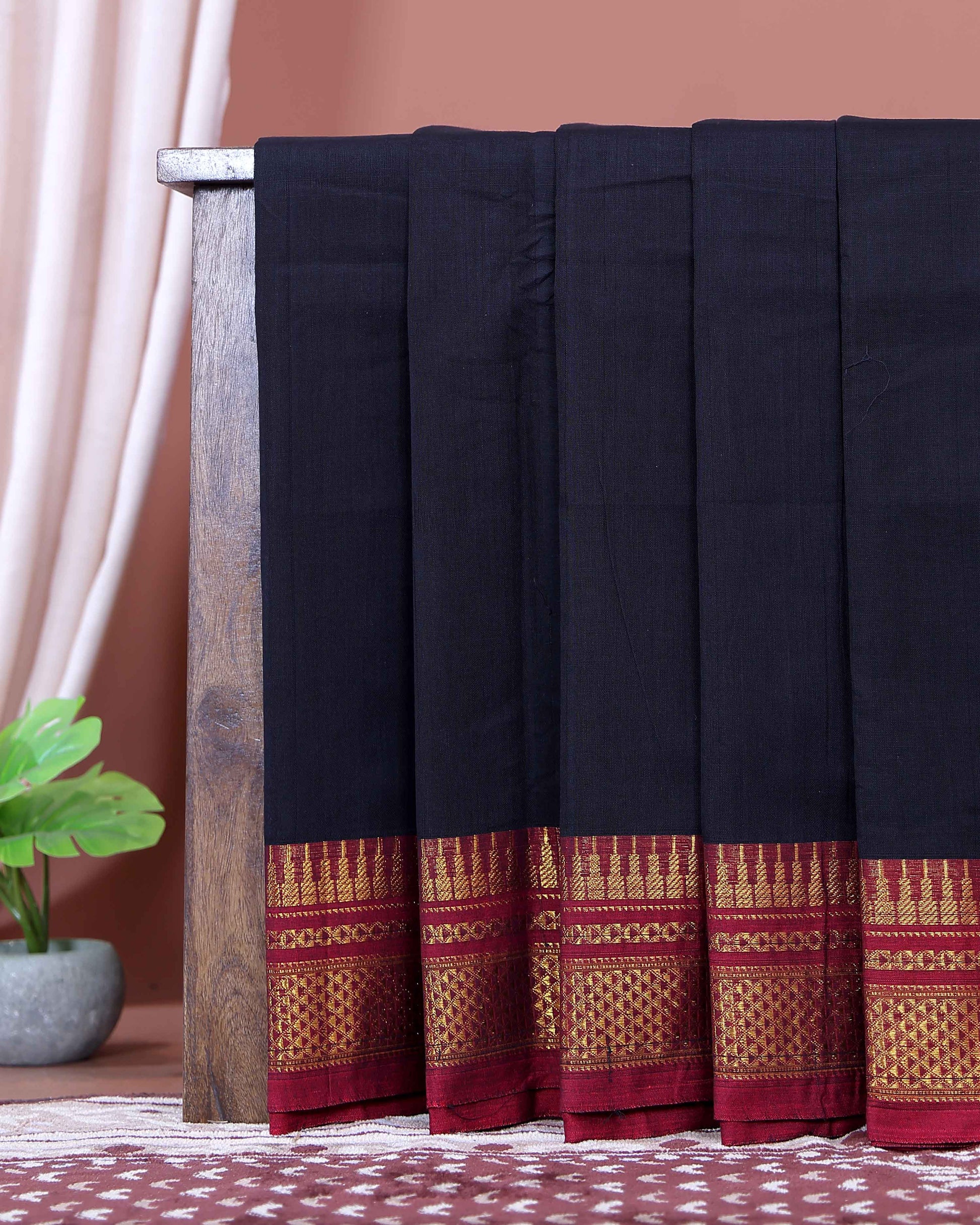 Traditional Narayanpet Cotton Saree with Rich Zari Woven Geometric Border Temple Accents & Classic Handloom Texture - Navy Blue