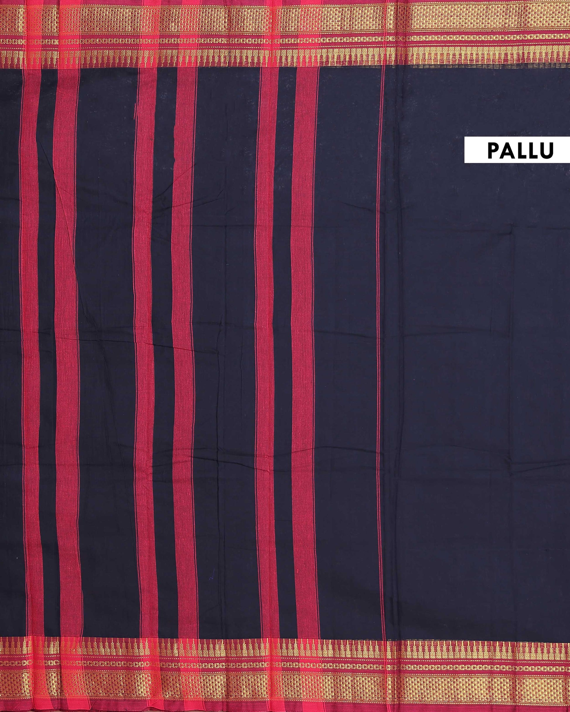 Traditional Narayanpet Cotton Saree with Rich Zari Woven Geometric Border Temple Accents & Classic Handloom Texture - Navy Blue