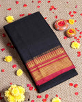 Traditional Narayanpet Cotton Saree with Rich Zari Woven Geometric Border Temple Accents & Classic Handloom Texture - Navy Blue