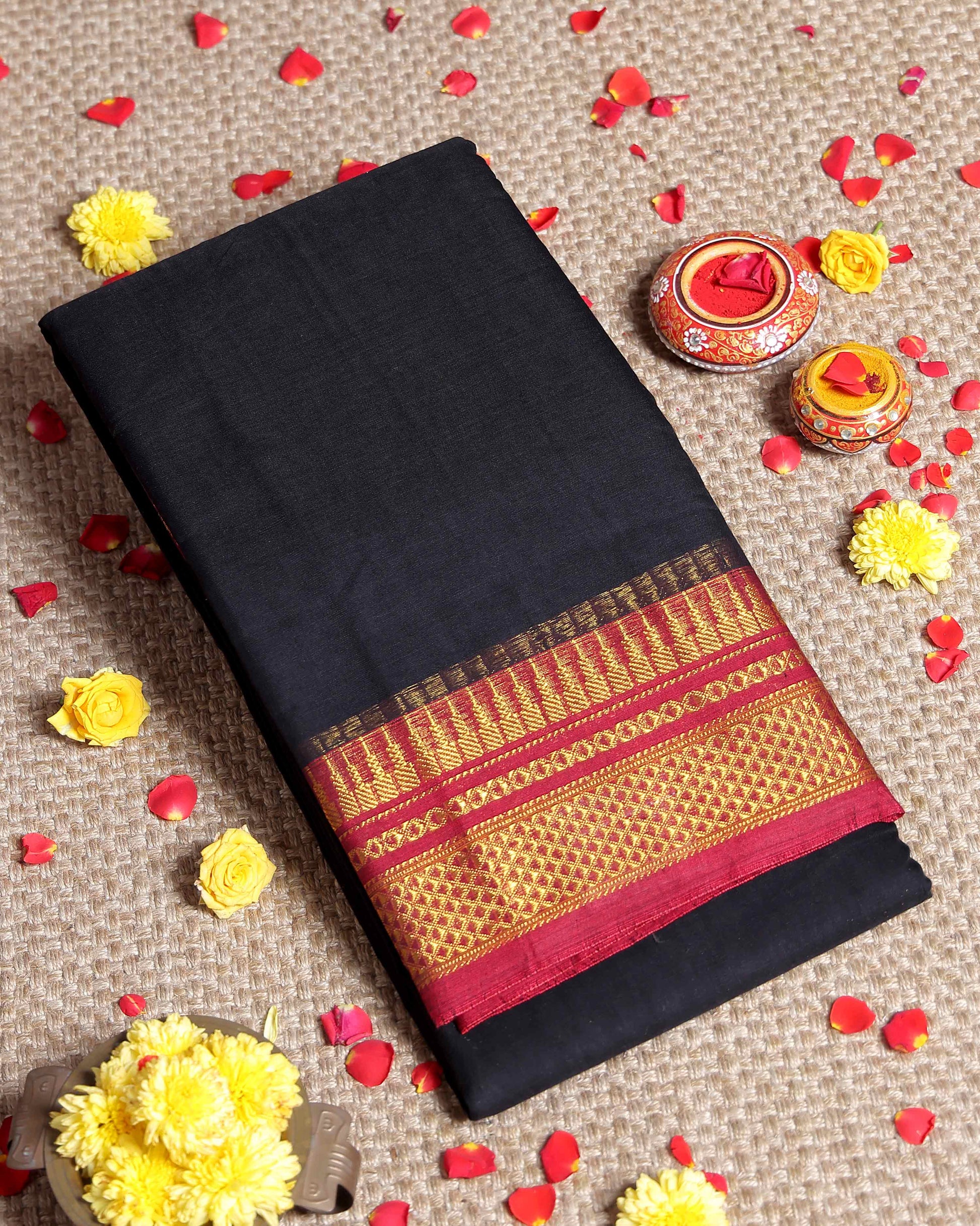 Traditional Narayanpet Cotton Saree with Rich Zari Woven Geometric Border Temple Accents & Classic Handloom Texture - Navy Blue