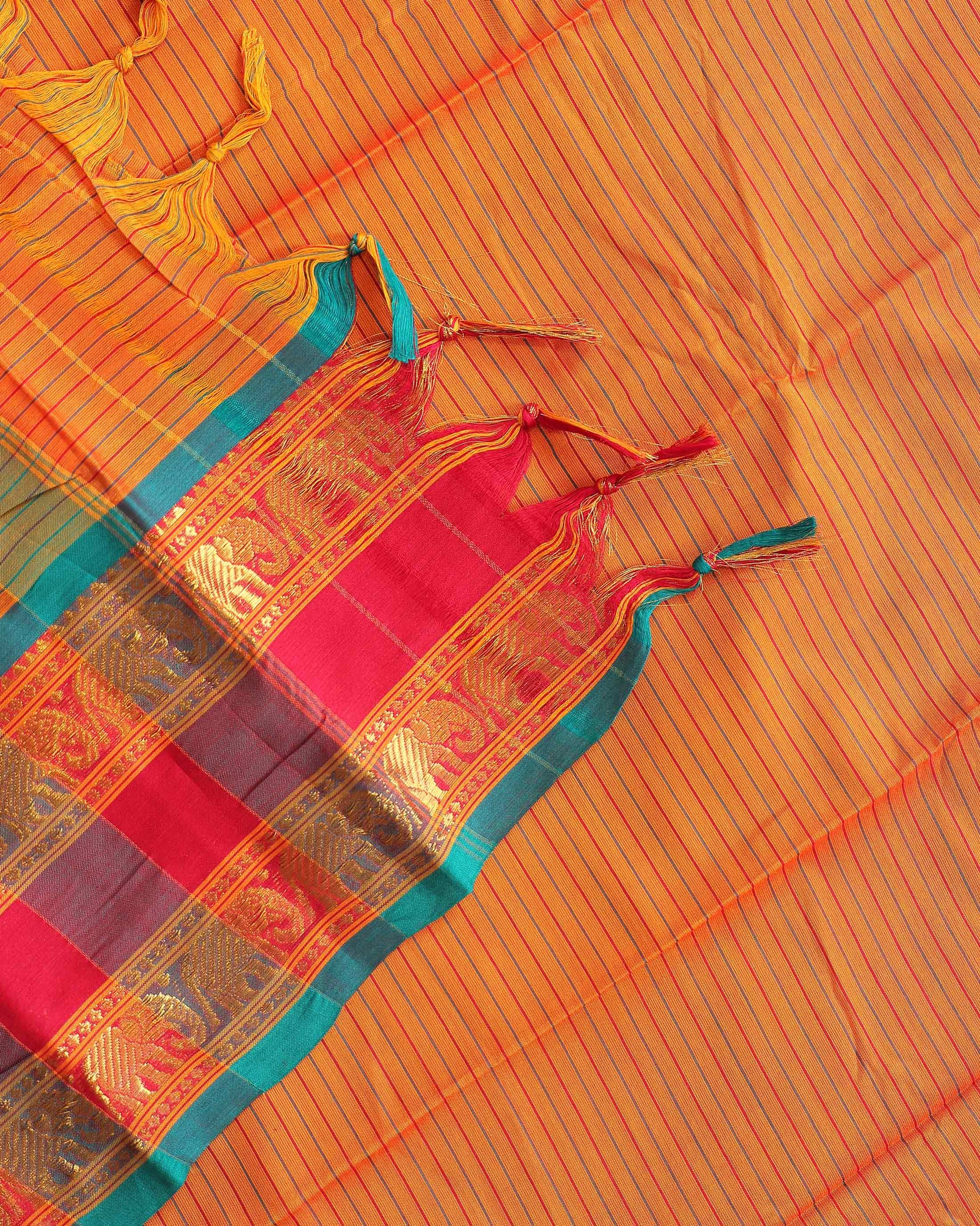 Traditional Narayanpet Cotton Saree with Striped Body Elephant Motif Zari Border & Classic Temple Weave Detailing - Orange