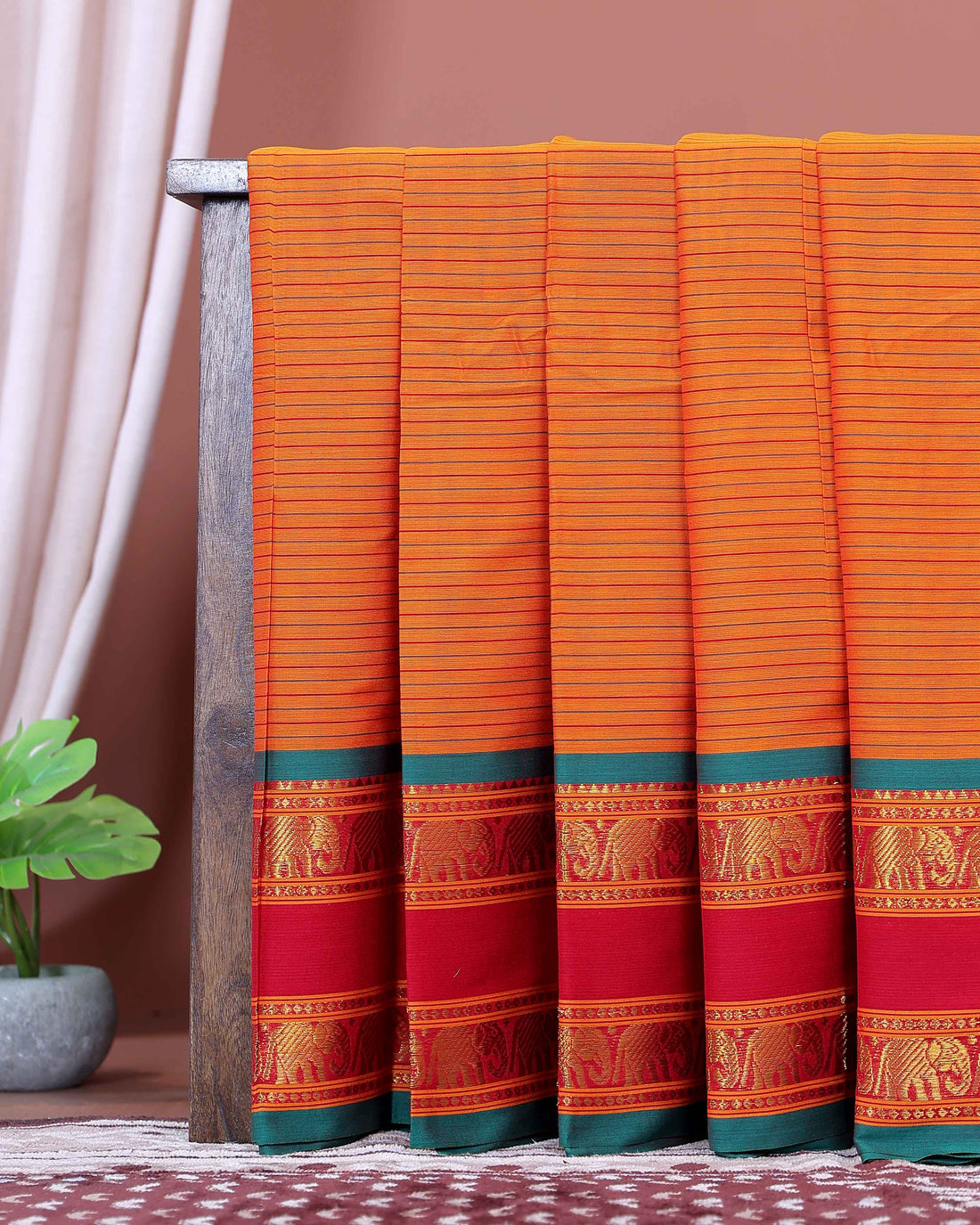 Traditional Narayanpet Cotton Saree with Striped Body Elephant Motif Zari Border & Classic Temple Weave Detailing - Orange